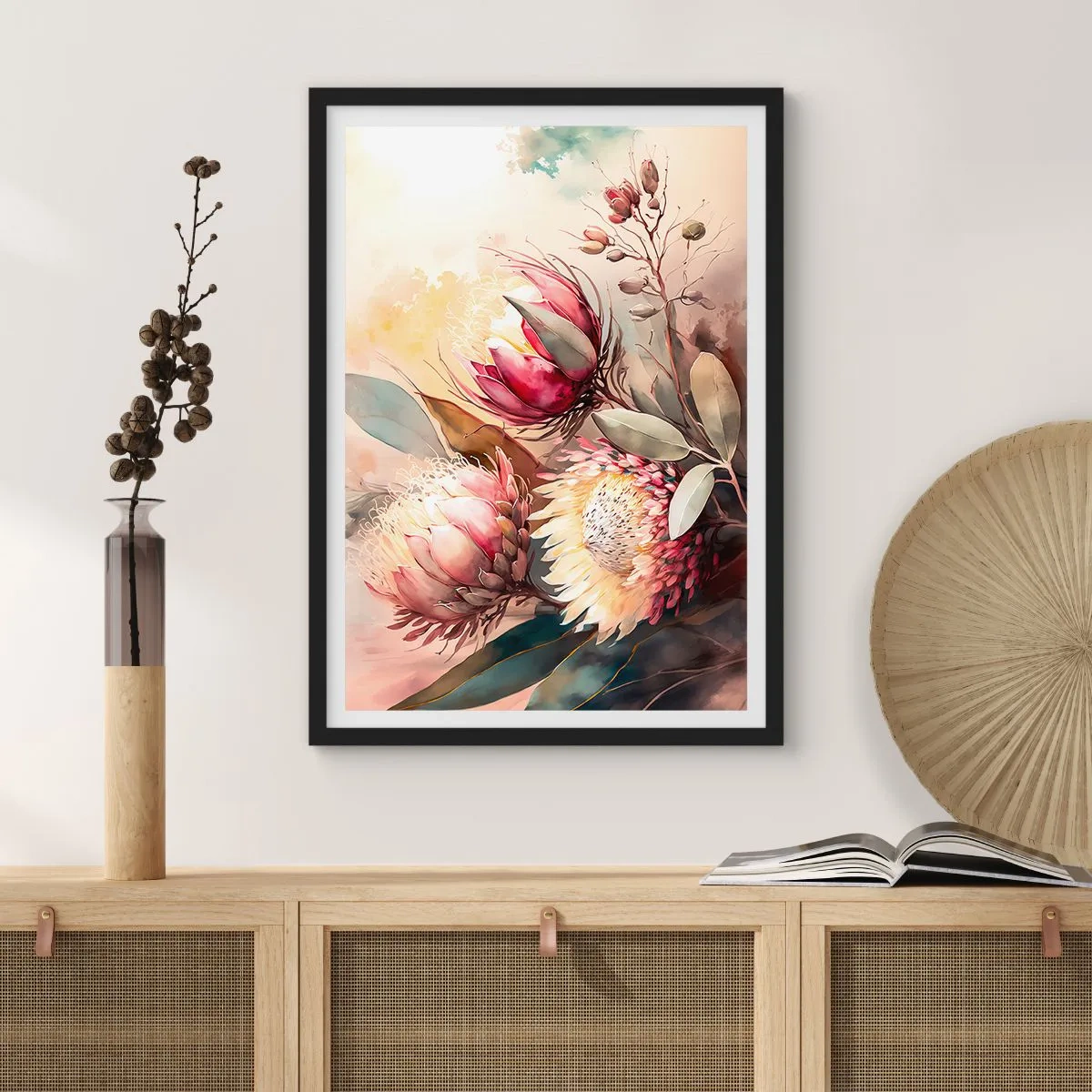 Poster în ramă neagră - Un buchet de flori de protea în culori delicate - 50x70cm - Profil și en face - Decorațiune modernă pentru perete pentru living și dormitor ARTTOR