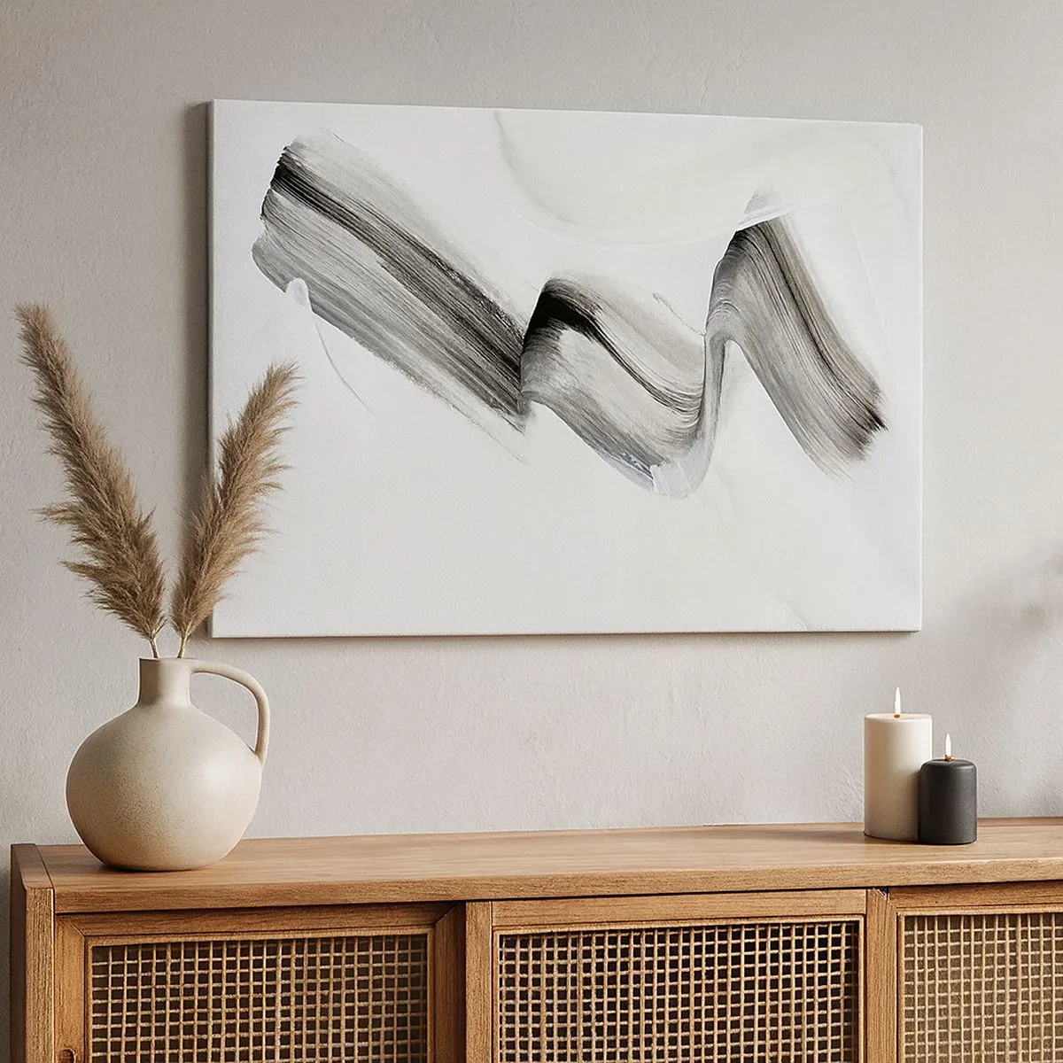Tablou pe pânză Canvas - tușă de pensulă abstractă alb-negru pe un fundal deschis - 70x50cm - Doar pentru distracție - Decorațiune modernă pentru perete pentru living și dormitor ARTTOR