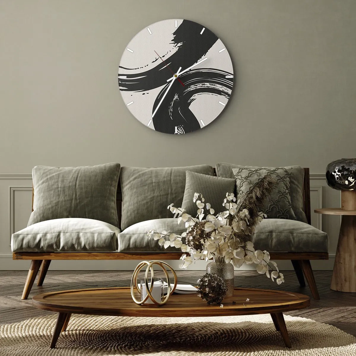 Ceas de perete - Ceas pe sticlă - Tușe negre măturate pe un fundal deschis - 30x30cm - Tare și circular - Decorațiune modernă pentru perete pentru living, bucătărie și dormitor ARTTOR