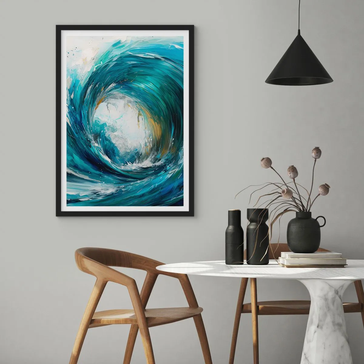 Poster în ramă neagră - Val abstract în nuanțe de turcoaz, albastru și alb - 50x70cm - Portal maritim - Decorațiune modernă pentru perete pentru living și dormitor ARTTOR