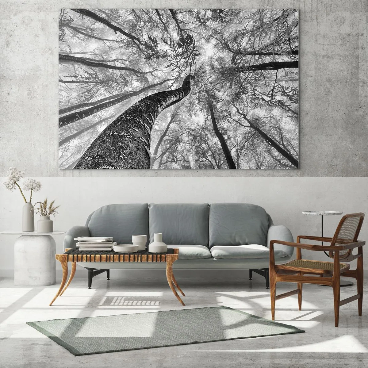 Tablou pe sticlă - Copaci alb-negru fotografiați de jos spre cer - 70x50cm - Cursa spre lumină - Decorațiune modernă pentru perete pentru living și dormitor ARTTOR