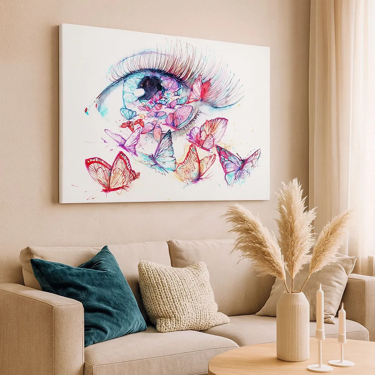 Tablou pe pânză Canvas - Un ochi în acuarelă înconjurat de fluturi colorați - 70x50cm - Ochi de basm - Decorațiune modernă pentru perete pentru living și dormitor ARTTOR