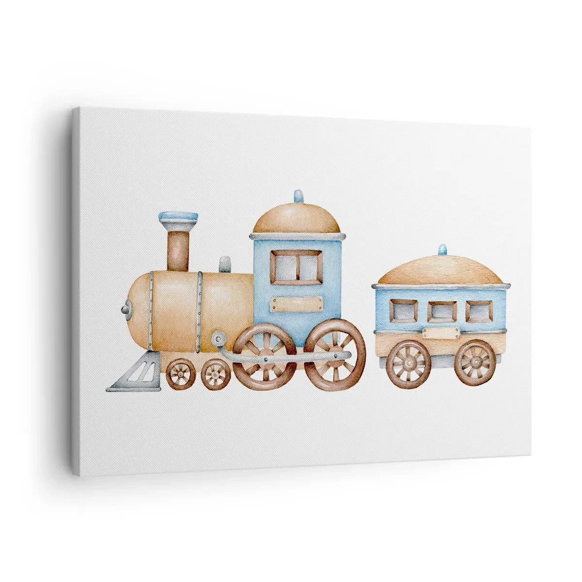 Tablou pe pânză Canvas - Desen al unui tren în nuanțe pastelate pe fundal alb - 70x50cm - Trenulețul din copilărie - Decorațiune modernă pentru perete pentru living și dormitor ARTTOR