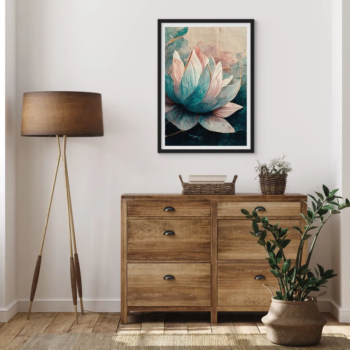 Poster în ramă neagră - O floare de lotus delicată cu o aură mistică - 50x70cm - Stele de lac - Decorațiune modernă pentru perete pentru living și dormitor ARTTOR