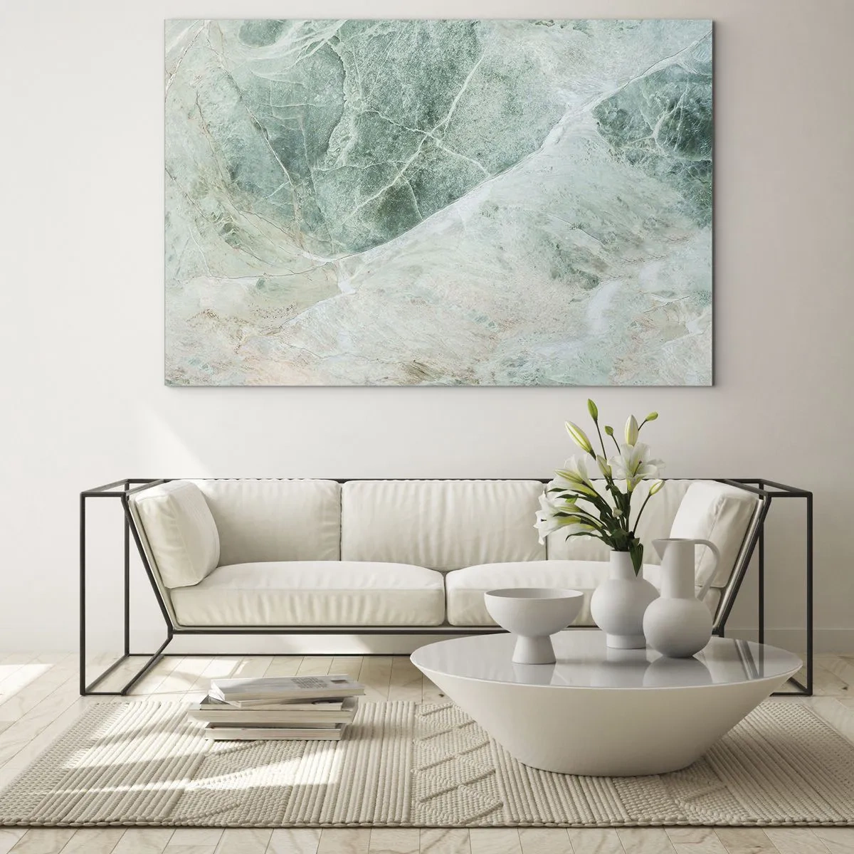 Tablou pe sticlă - Textură verde-bej care seamănă cu piatra naturală - 70x50cm - Răcoarea nobilă a pietrei - Decorațiune modernă pentru perete pentru living și dormitor ARTTOR