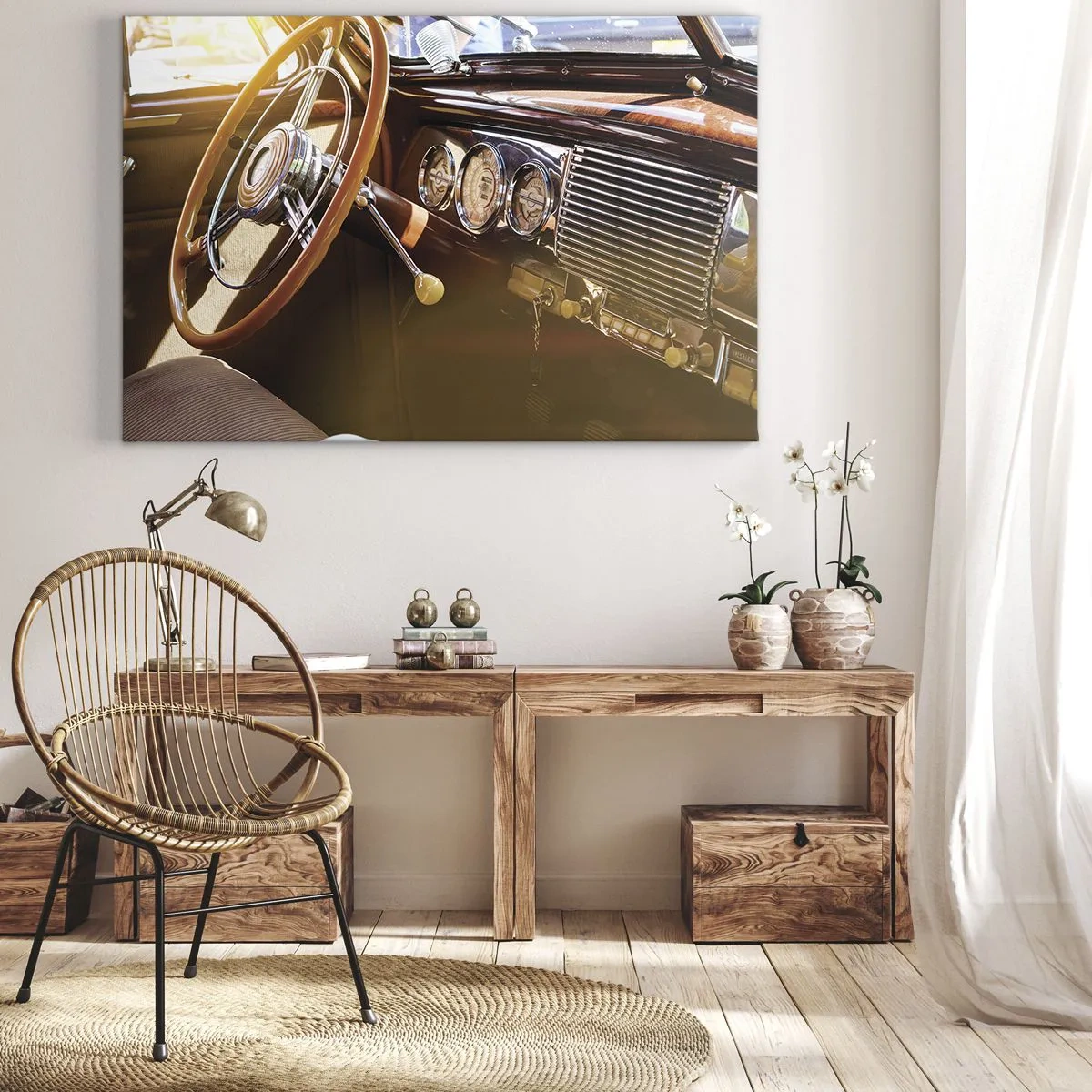 Tablou pe pânză Canvas - Prim-plan al interiorului unei mașini clasice cu detalii din lemn și crom. - 70x50cm - O adiere de lux din trecut - Decorațiune modernă pentru perete pentru living și dormitor ARTTOR