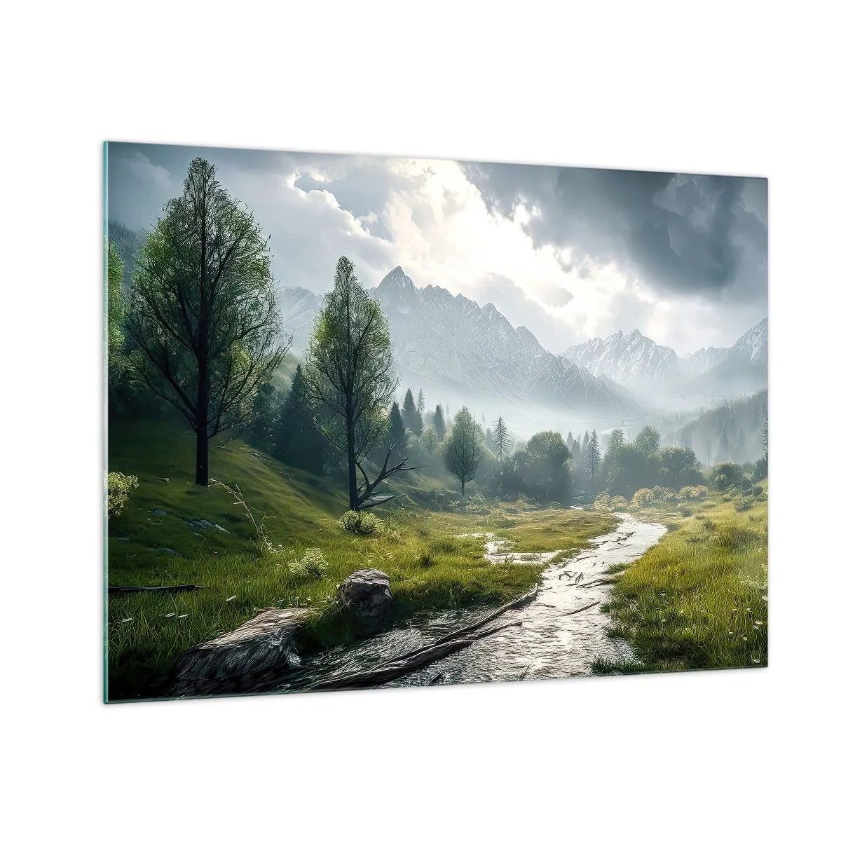 Tablou pe sticlă - Un peisaj montan cu un pârâu și o vale verde dimineața - 70x50cm - Până acolo și înapoi - Decorațiune modernă pentru perete pentru living și dormitor ARTTOR