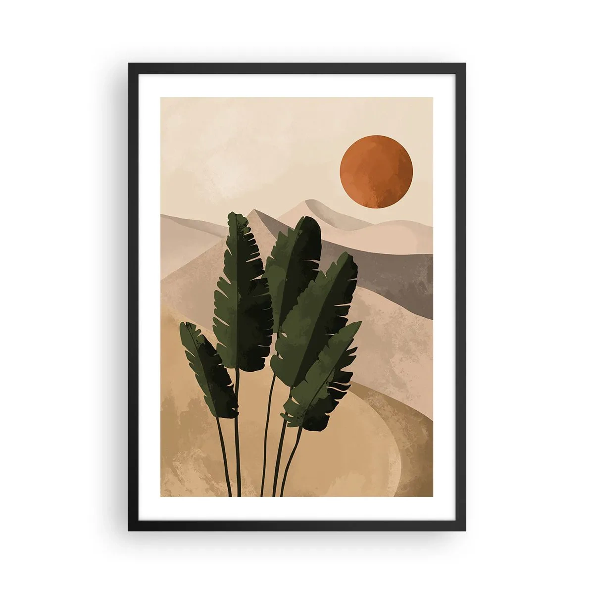 Poster în ramă neagră - Plante într-un decor deșertic cu apusul soarelui, peisaj abstract - 50x70cm - Triumful vieții - Decorațiune modernă pentru perete pentru living și dormitor ARTTOR