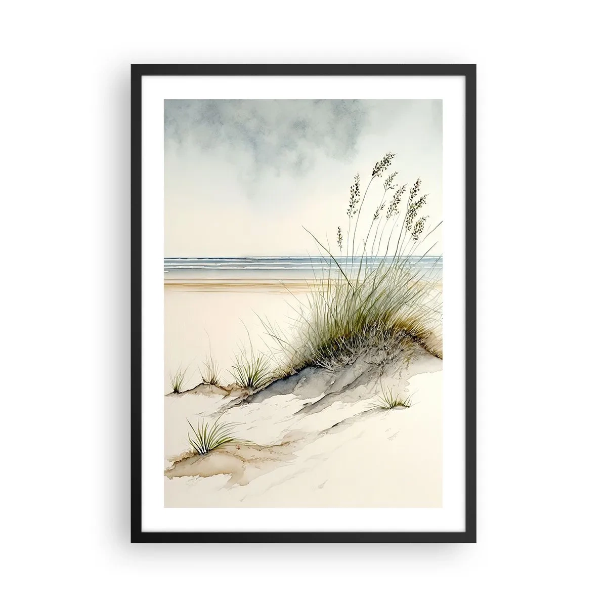 Poster în ramă neagră - Mângâiat de vânt - ierburi pe dunele de lângă plajă - 50x70cm - Răsfățate de vânt - Decorațiune modernă pentru perete pentru living și dormitor ARTTOR