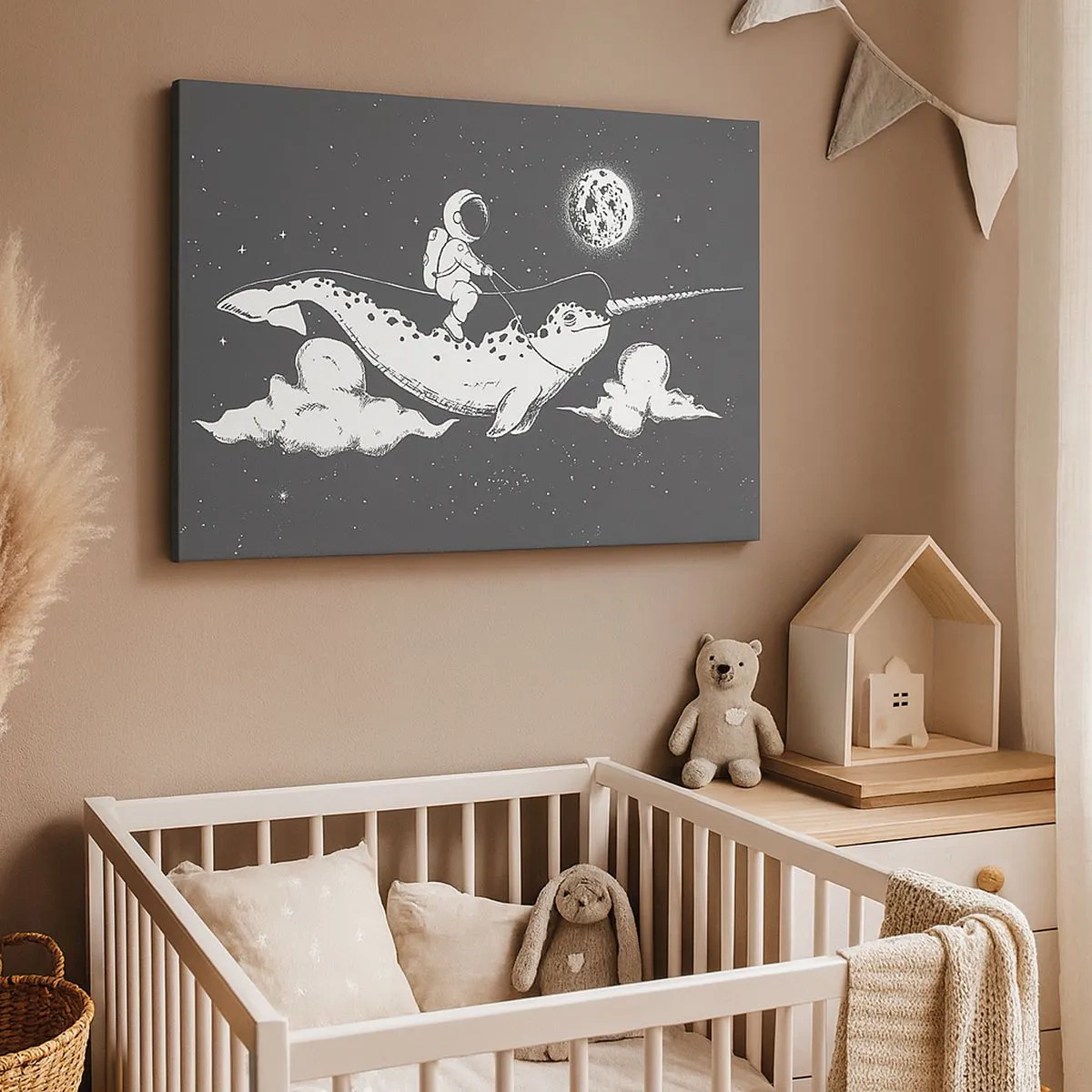 Tablou pe pânză Canvas - Un astronaut pe spatele unui narval plutind într-o scenă spațială. - 70x50cm - Cavalerul Spațial - Decorațiune modernă pentru perete pentru living și dormitor ARTTOR