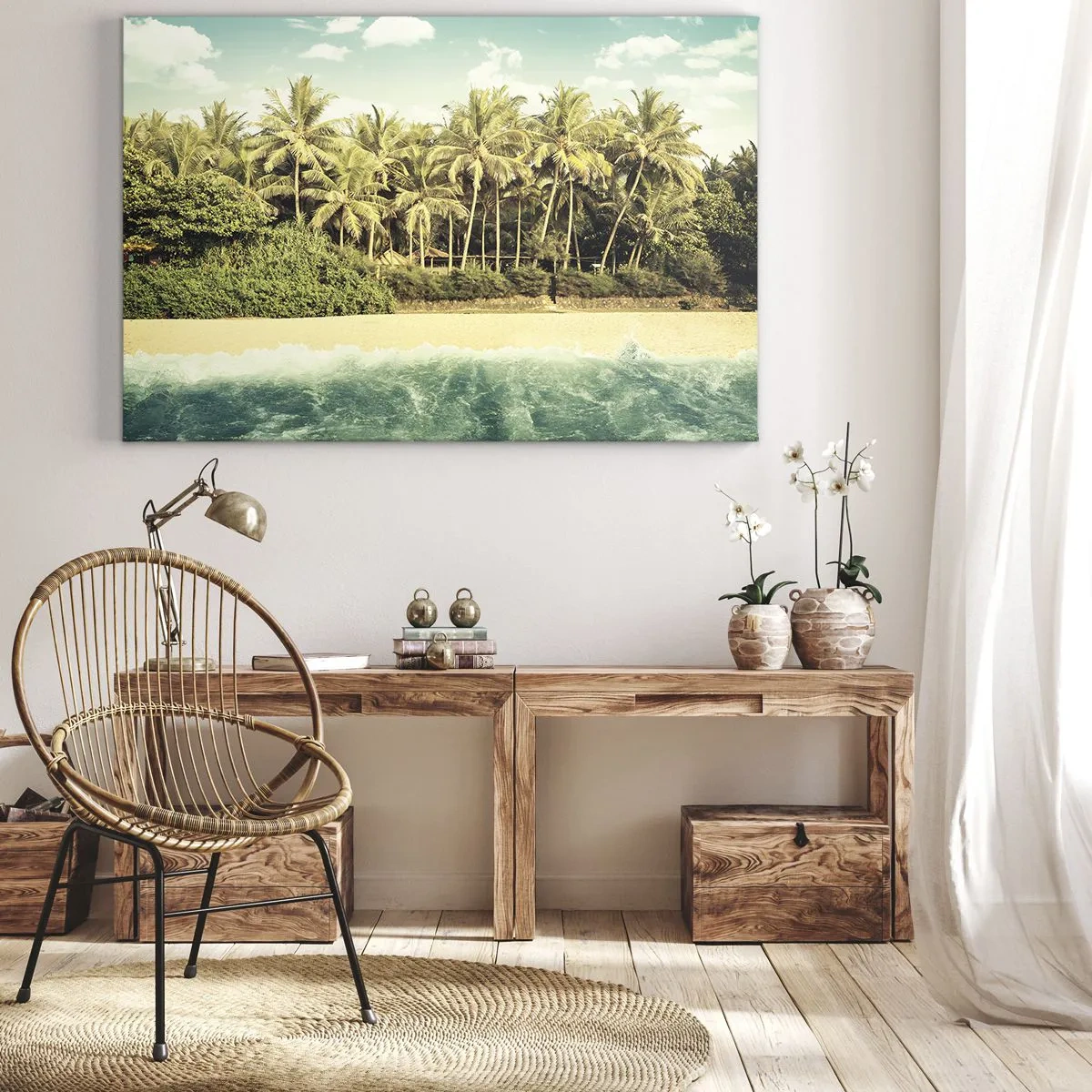Tablou pe pânză Canvas - Plajă tropicală cu palmieri și mare turcoaz - 70x50cm - Ce zici de aici? - Decorațiune modernă pentru perete pentru living și dormitor ARTTOR
