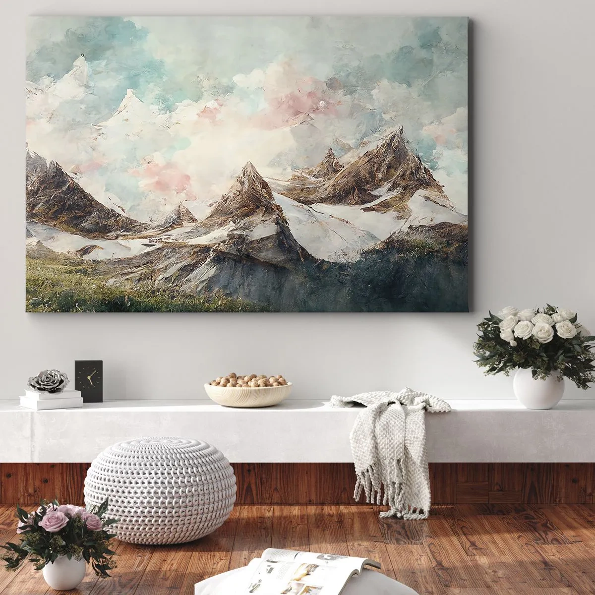 Tablou pe pânză Canvas - Munți pitorești cu cer pastelat - 70x50cm - Lame de piatră - Decorațiune modernă pentru perete pentru living și dormitor ARTTOR