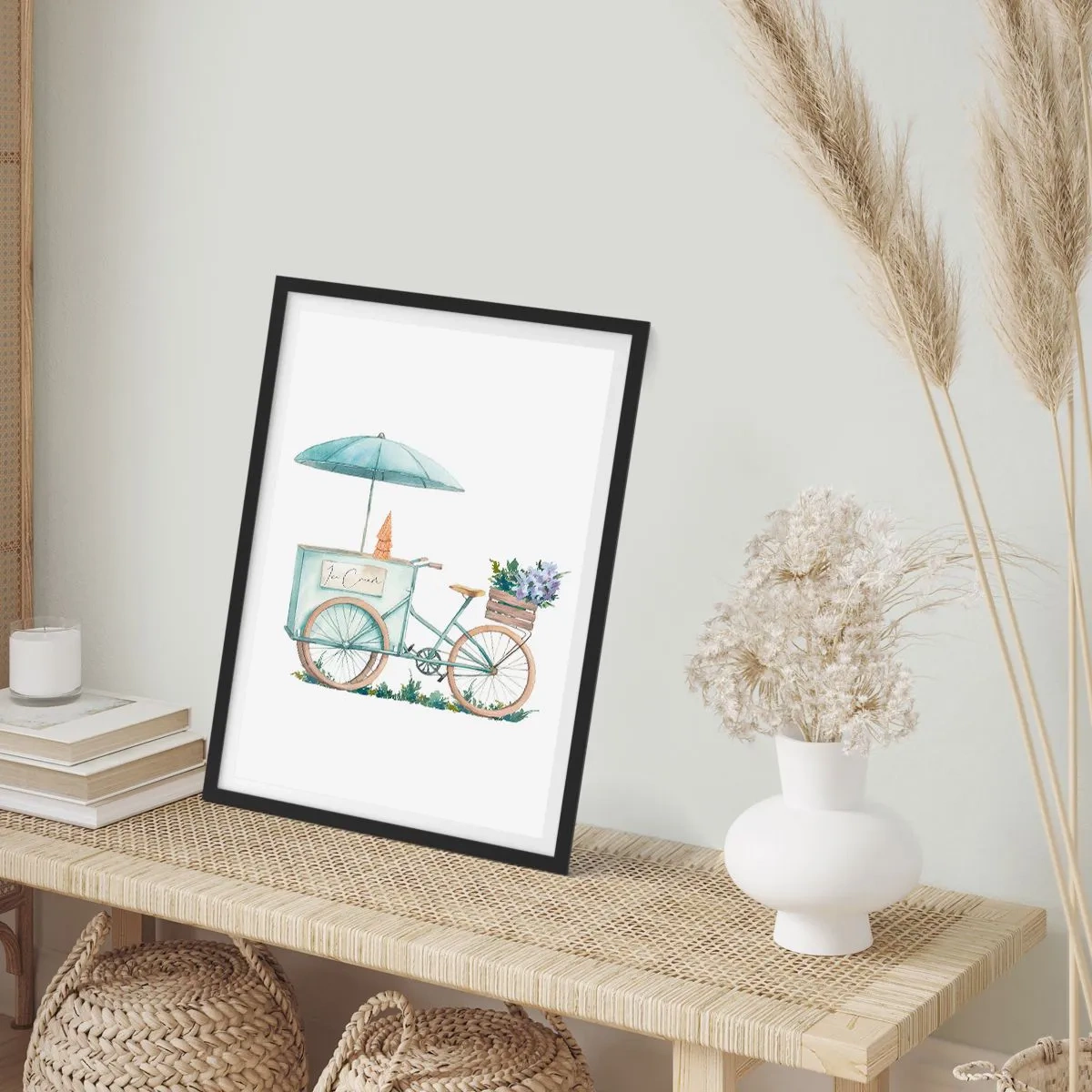 Poster în ramă neagră - Ilustrație în acuarelă a unei biciclete cu înghețată și flori - 50x70cm - O dulce amintire de vară - Decorațiune modernă pentru perete pentru living și dormitor ARTTOR