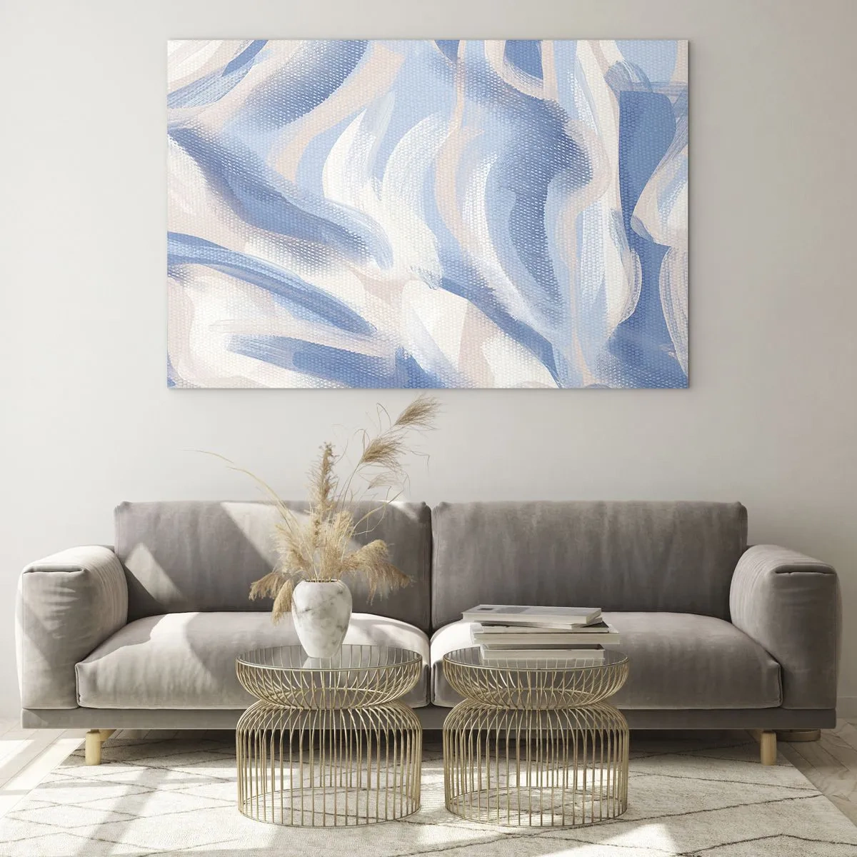 Tablou pe sticlă - Linii abstracte în albastru, alb și bej într-o formă ondulată - 70x50cm - Undele albastre - Decorațiune modernă pentru perete pentru living și dormitor ARTTOR