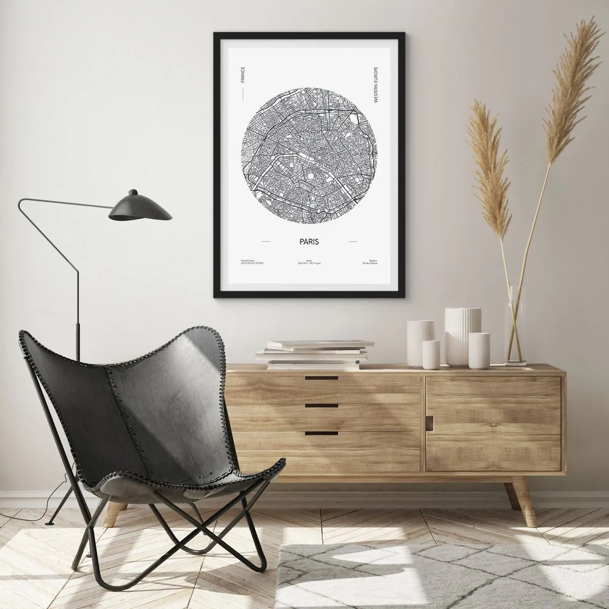 Poster în ramă neagră - Hartă minimalistă a Parisului într-un cerc - 50x70cm - Anatomia Parisului - Decorațiune modernă pentru perete pentru living și dormitor ARTTOR