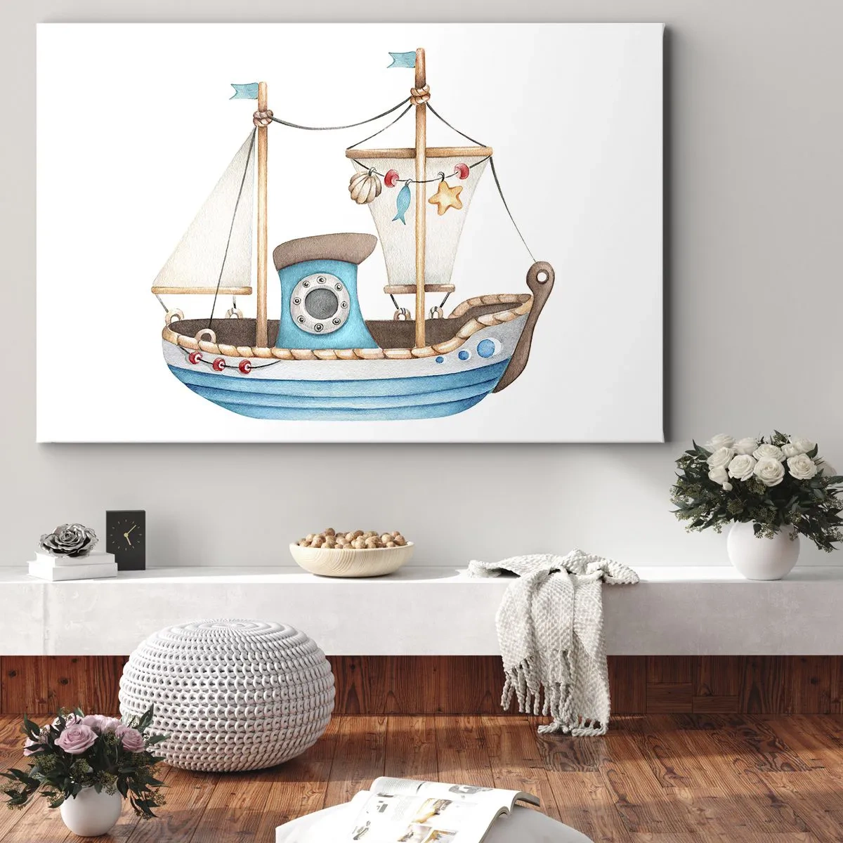 Tablou pe pânză Canvas - Ilustrație a unei nave în culori pastelate pe fundal alb - 70x50cm - Ahoy aventura! - Decorațiune modernă pentru perete pentru living și dormitor ARTTOR