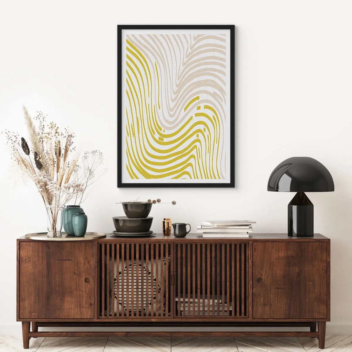 Poster în ramă neagră - O compoziție abstractă de linii ondulate în nuanțe de bej și galben. - 50x70cm - Compoziție cu cambrare ușoară - Decorațiune modernă pentru perete pentru living și dormitor ARTTOR