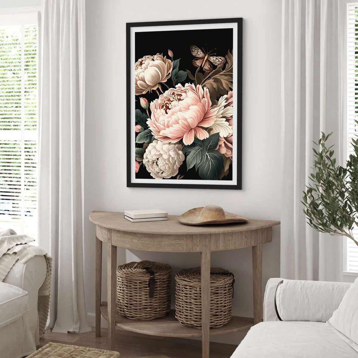 Poster în ramă neagră - Bujori eleganți și un fluture pe fundal negru - 50x70cm - În stil baroc - Decorațiune modernă pentru perete pentru living și dormitor ARTTOR