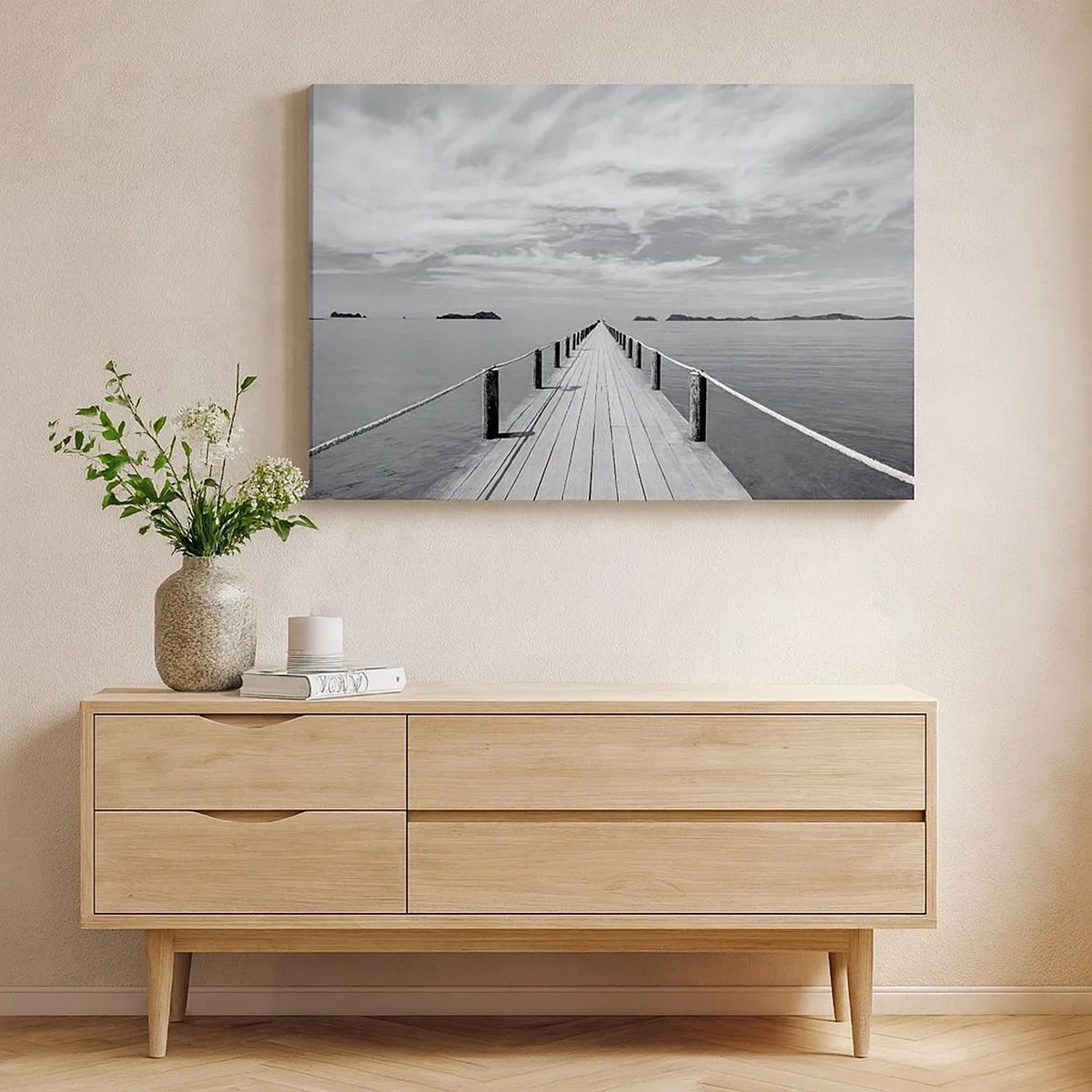 Tablou pe pânză Canvas - Un dig de lemn care duce în depărtare peste o mare calmă - 70x50cm - Ce zici de o călătorie... - Decorațiune modernă pentru perete pentru living și dormitor ARTTOR