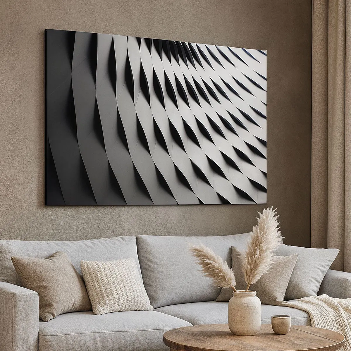 Tablou pe pânză Canvas - Model geometric abstract în nuanțe de alb și negru - 70x50cm - Pe suprafața valurilor - Decorațiune modernă pentru perete pentru living și dormitor ARTTOR