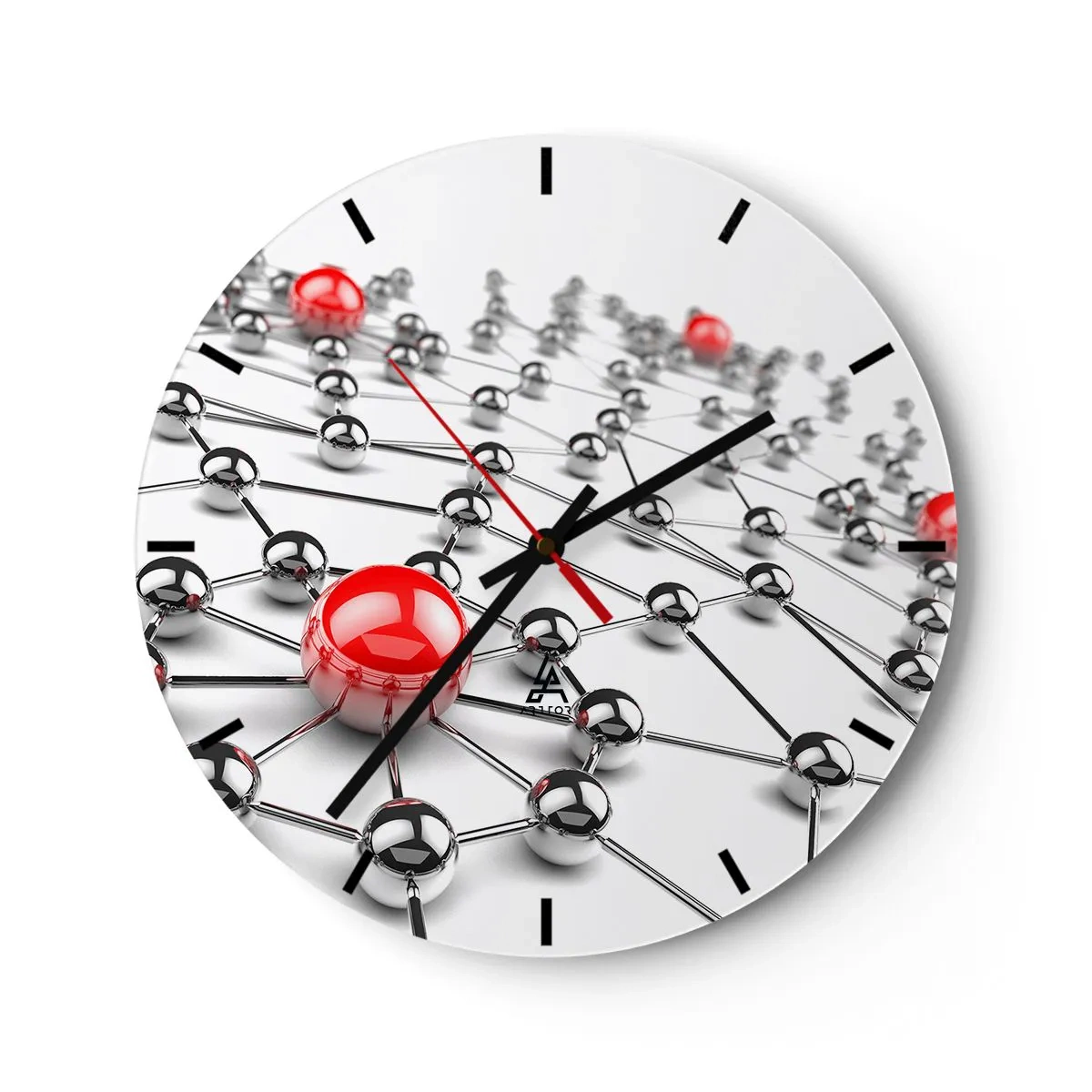 Ceas de perete - Ceas pe sticlă - Structura moleculară cu accente roșii pe fundal alb - 30x30cm - Plasă de argint - Decorațiune modernă pentru perete pentru living, bucătărie și dormitor ARTTOR
