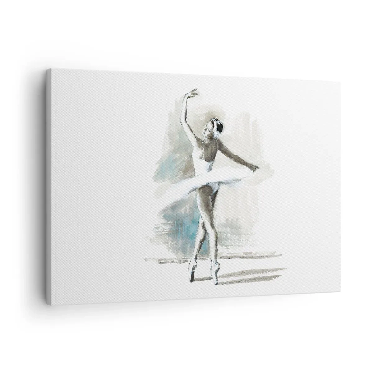 Tablou pe pânză Canvas - O dansatoare de balet într-o poză de balet pe un fundal cu tonuri delicate de acuarelă. - 70x50cm - Fermecată într-o lebădă - Decorațiune modernă pentru perete pentru living și dormitor ARTTOR