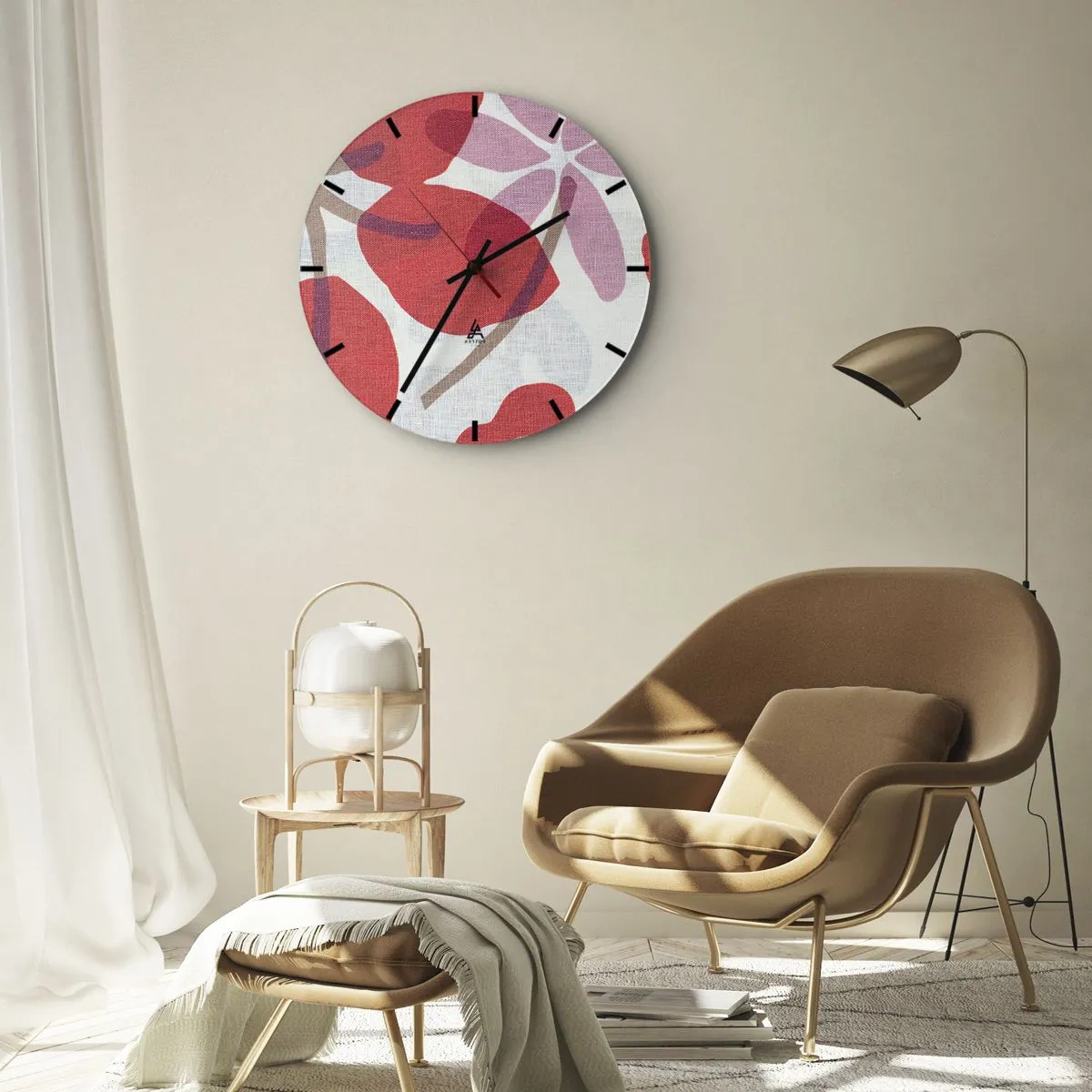 Ceas de perete - Ceas pe sticlă - Frunze roz și roșii pe un fundal alb cu o textură de in - 30x30cm - Aranjament floral în roz - Decorațiune modernă pentru perete pentru living, bucătărie și dormitor ARTTOR