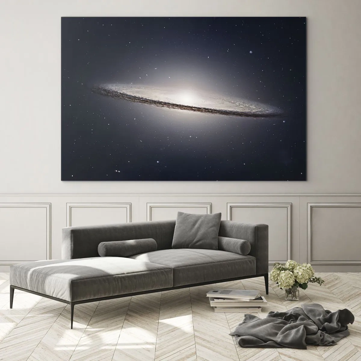 Tablou pe sticlă - O galaxie spirală plutind în spațiu - 70x50cm - Cu mult timp în urmă, într-o galaxie foarte, foarte îndepărtată... - Decorațiune modernă pentru perete pentru living și dormitor ARTTOR