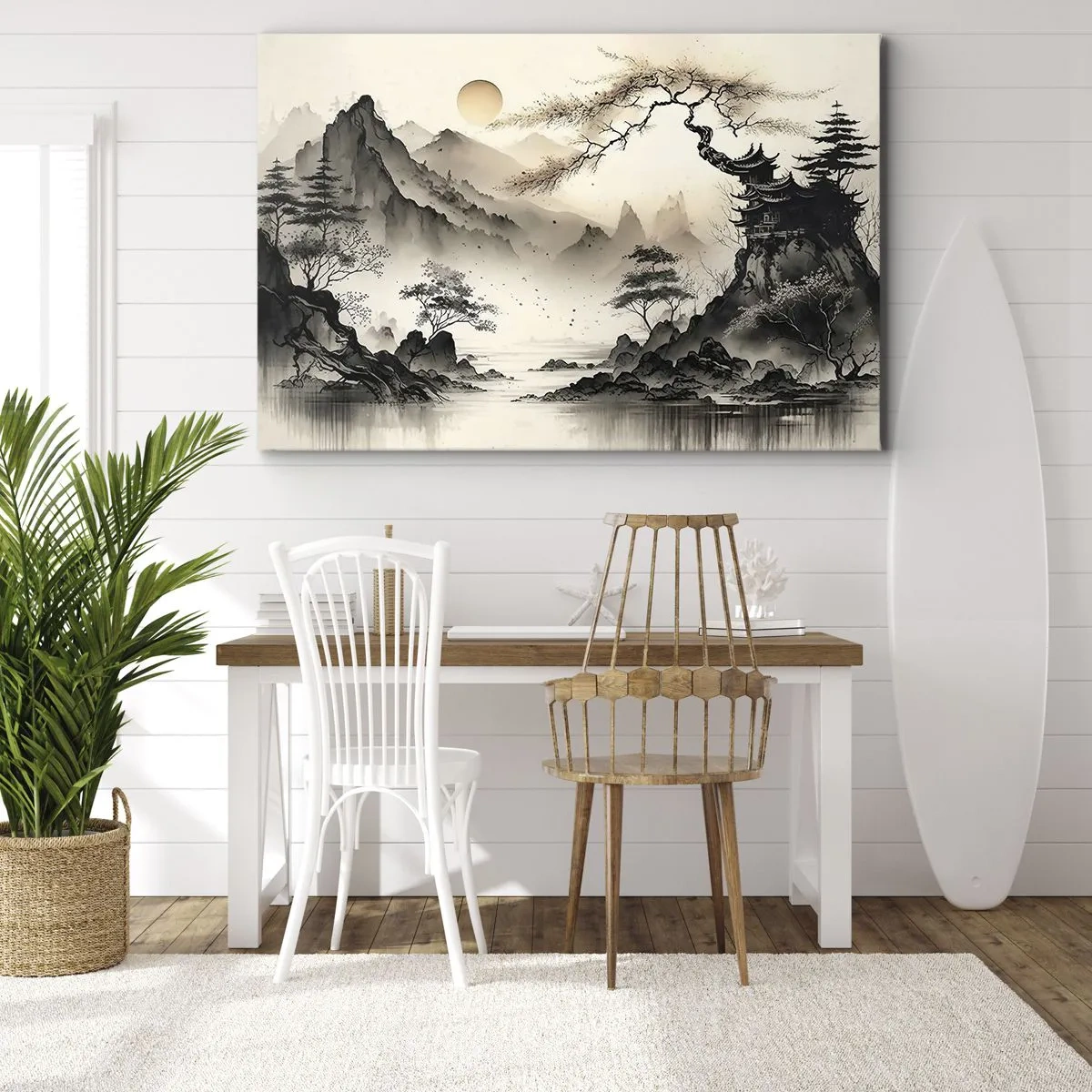 Tablou pe pânză Canvas - Un peisaj oriental cu munți și o pagodă în nuanțe delicate. - 70x50cm - Farmecul unic al Orientului - Decorațiune modernă pentru perete pentru living și dormitor ARTTOR