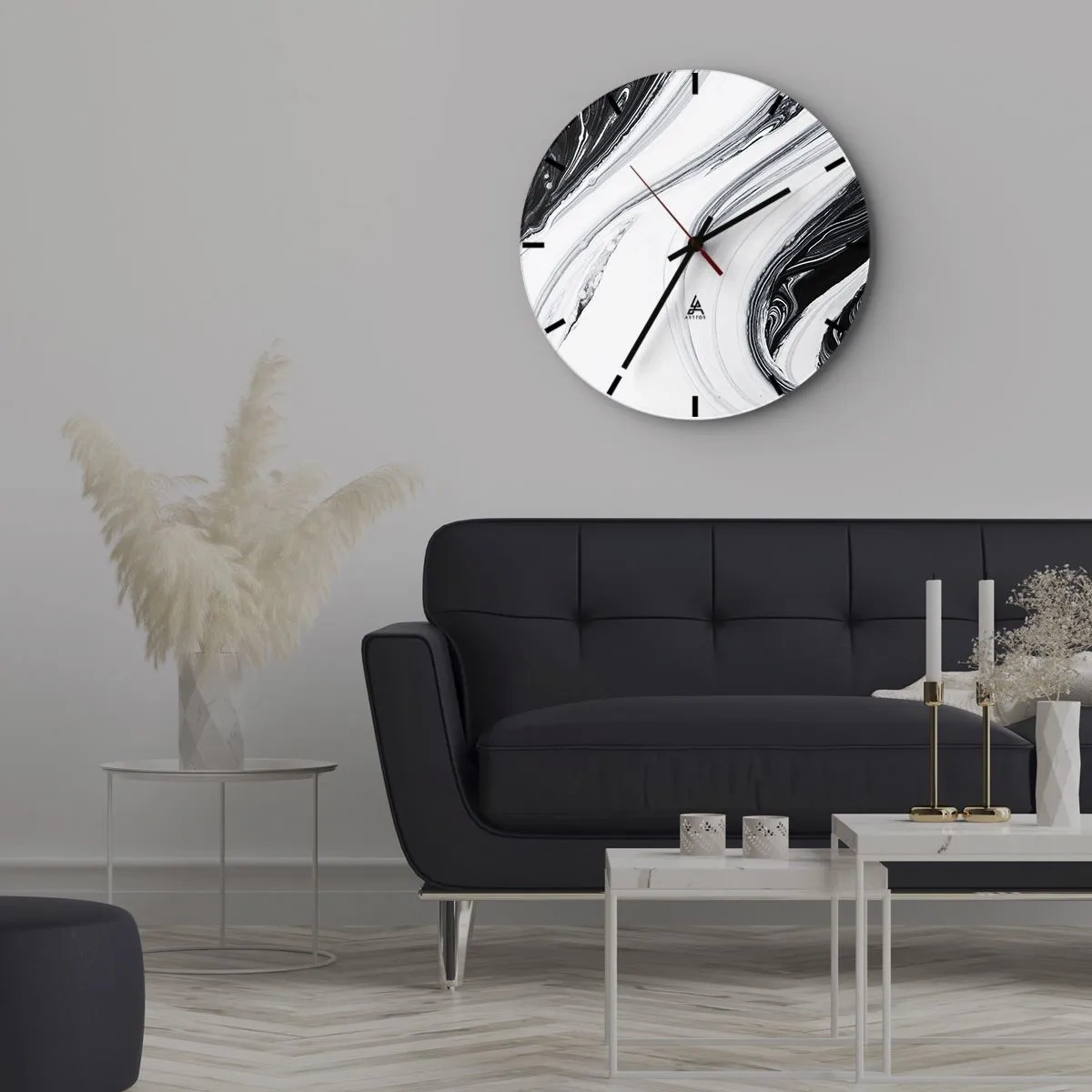 Ceas de perete - Ceas pe sticlă - Liniile abstracte albe și negre creează un model fluid, contrastant. - 30x30cm - Combinație de contrarii - Decorațiune modernă pentru perete pentru living, bucătărie și dormitor ARTTOR