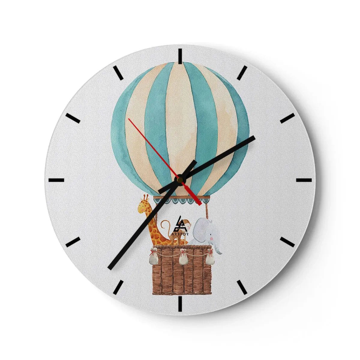 Ceas de perete - Ceas pe sticlă - Un balon cu o girafă și un elefant plutind în nori - 30x30cm - O călătorie fantastică - Decorațiune modernă pentru perete pentru living, bucătărie și dormitor ARTTOR