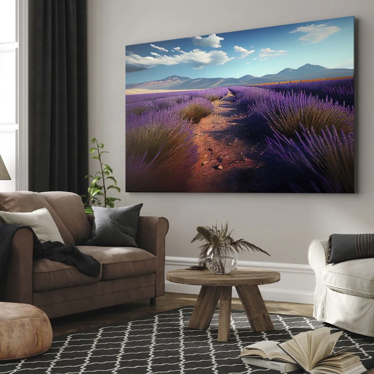Tablou pe pânză Canvas - Un câmp de lavandă cu vedere la munți și cer albastru - 70x50cm - Câmpuri parfumate - Decorațiune modernă pentru perete pentru living și dormitor ARTTOR