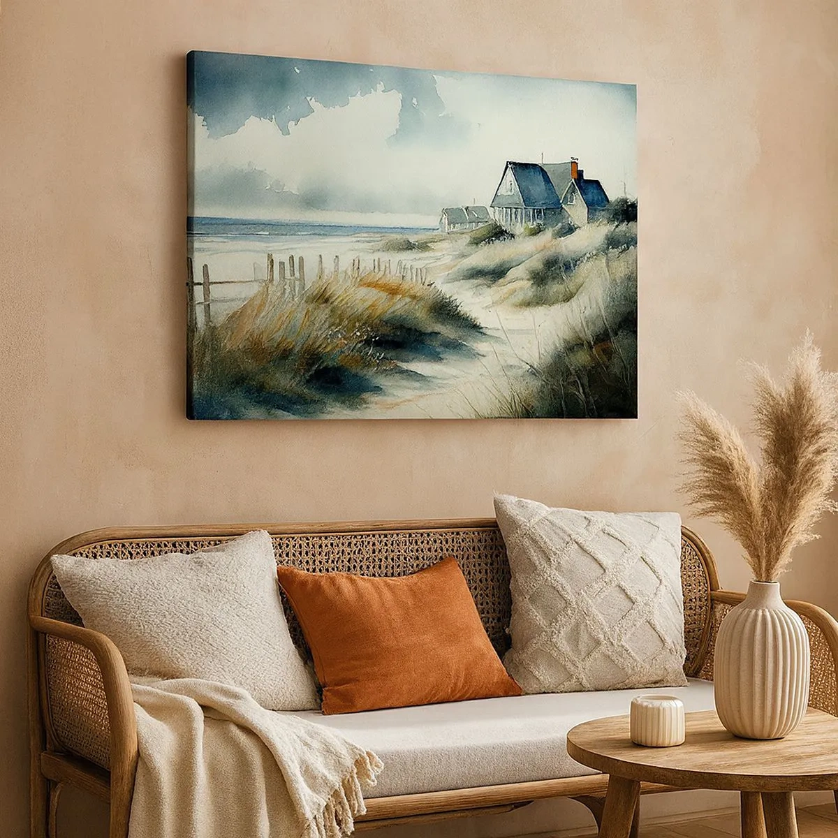 Tablou pe pânză Canvas - O casă la malul mării înconjurată de iarbă și cu vedere la mare - 70x50cm - Departe de agitație - Decorațiune modernă pentru perete pentru living și dormitor ARTTOR