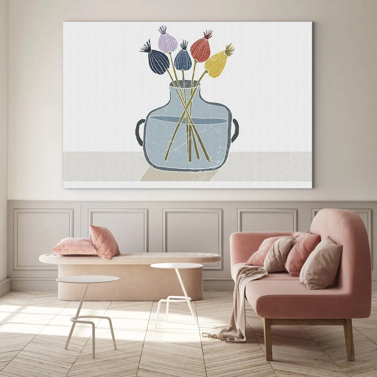 Tablou pe sticlă - Capete decorative de mac într-un ulcior în stil grafic - 70x50cm - Paparune sau maci? - Decorațiune modernă pentru perete pentru living și dormitor ARTTOR