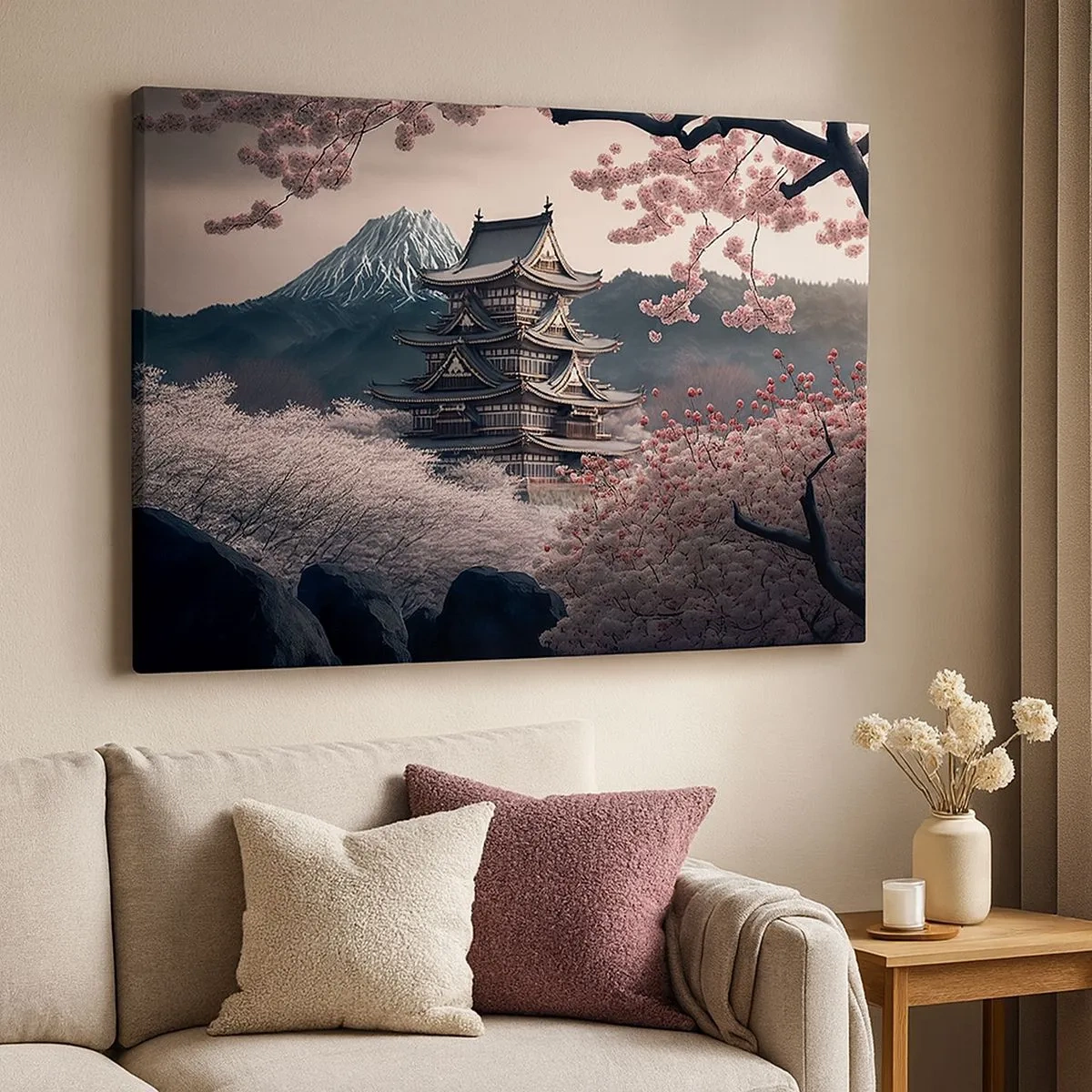Tablou pe pânză Canvas - Un templu japonez înconjurat de flori de cireș și munți - 70x50cm - Țara florilor de cireș - Decorațiune modernă pentru perete pentru living și dormitor ARTTOR