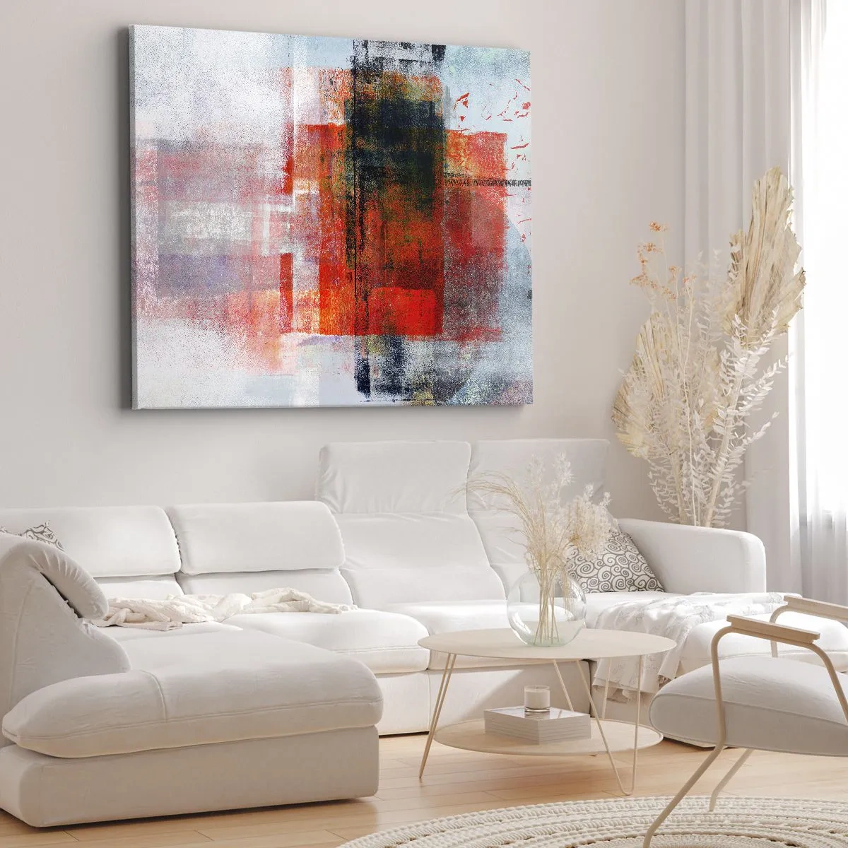 Tablou pe pânză Canvas - Compoziție geometrică abstractă cu accente roșii și portocalii - 70x50cm - Compoziție înfocată - Decorațiune modernă pentru perete pentru living și dormitor ARTTOR