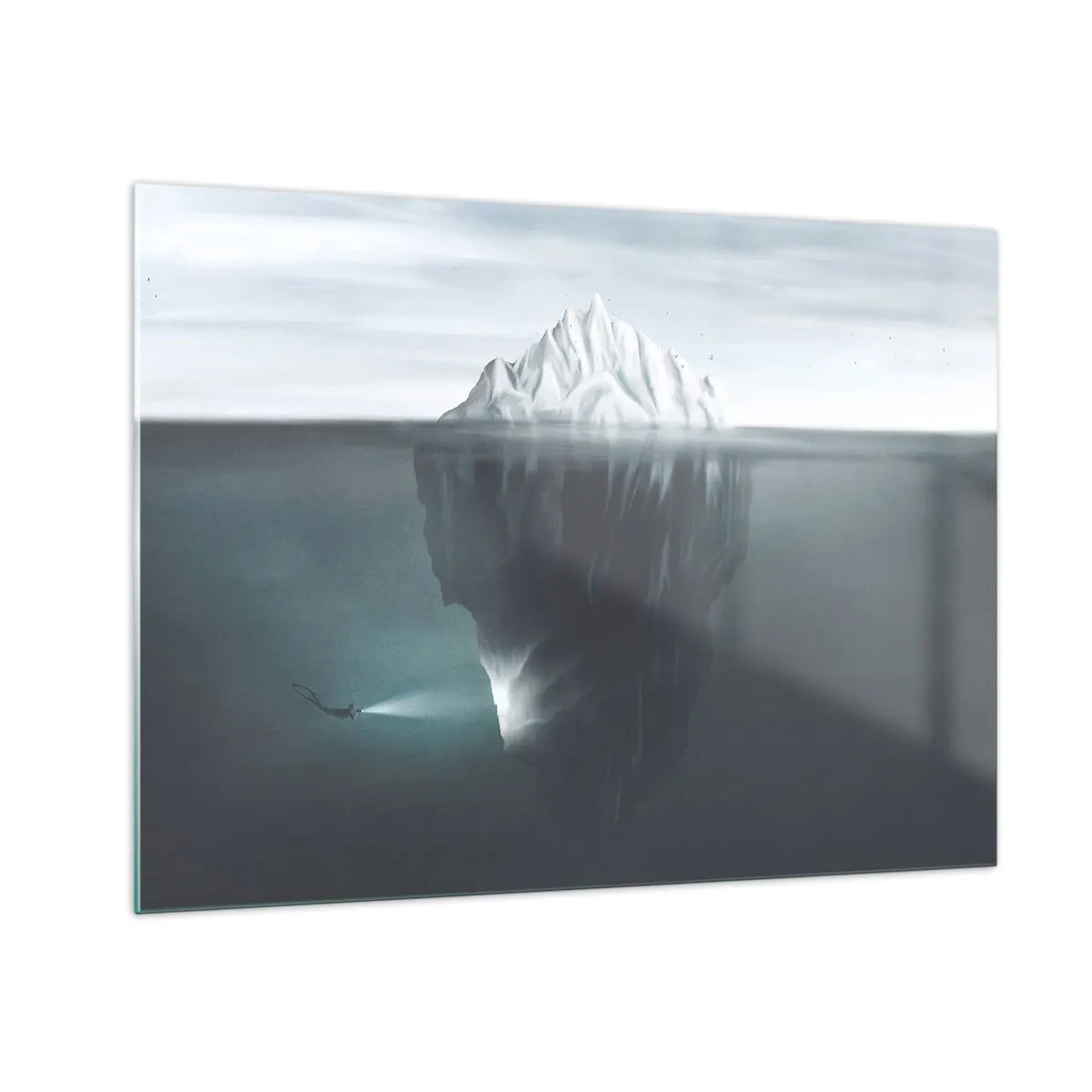 Tablou pe sticlă - Un aisberg cu un scafandru care explorează partea subacvatică - 70x50cm - Un mister subacvatic - Decorațiune modernă pentru perete pentru living și dormitor ARTTOR