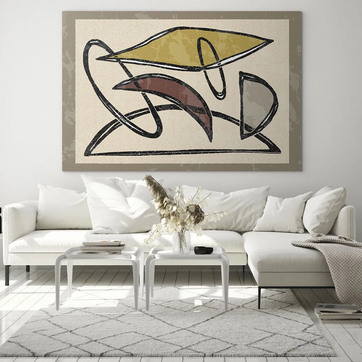 Tablou pe sticlă - Abstracție geometrică în galben și roșu - 70x50cm - Vertical și orizontal - Decorațiune modernă pentru perete pentru living și dormitor ARTTOR