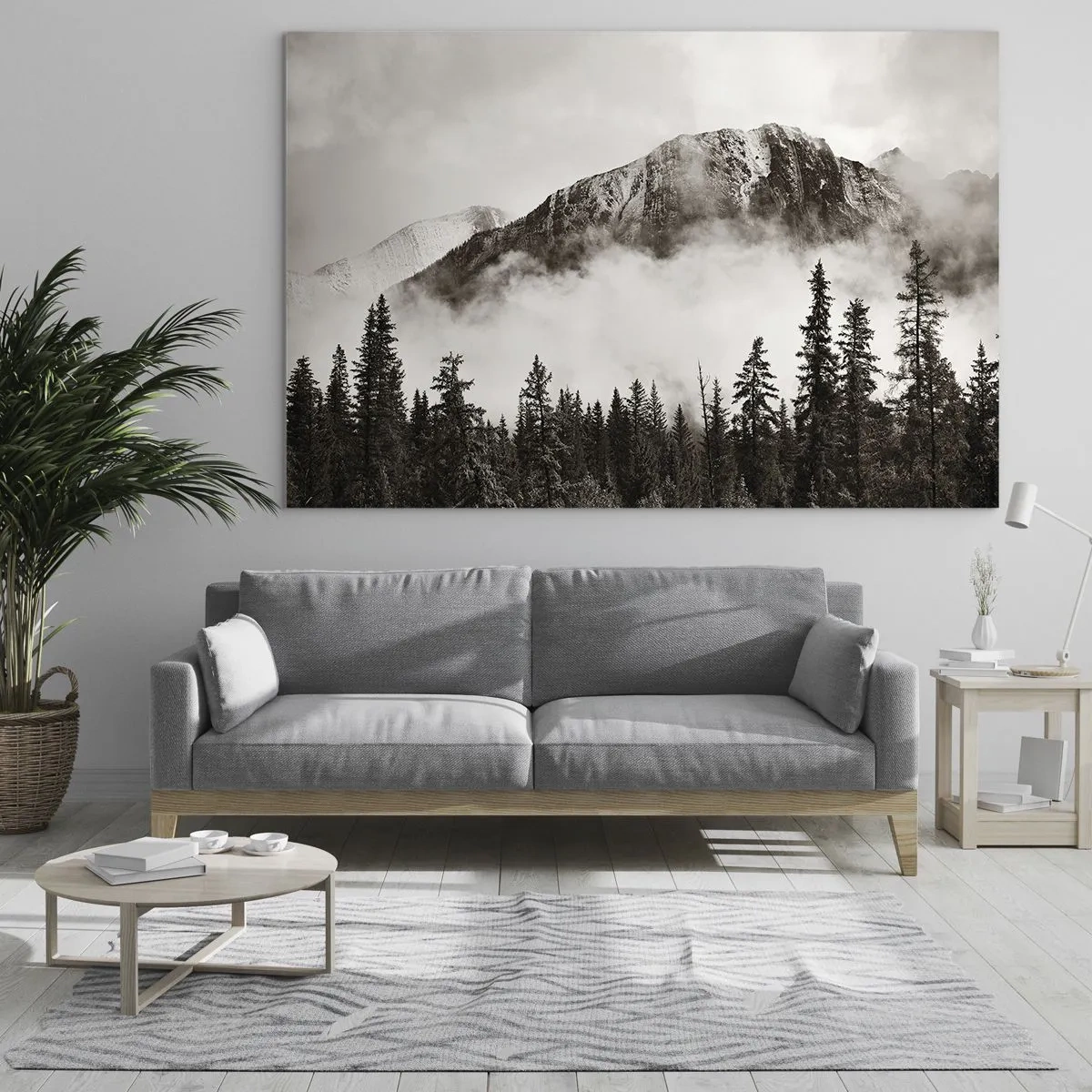 Tablou pe sticlă - Peisaj montan cu pădure și ceață în tonuri sepia - 70x50cm - Stăpânul de granit - Decorațiune modernă pentru perete pentru living și dormitor ARTTOR