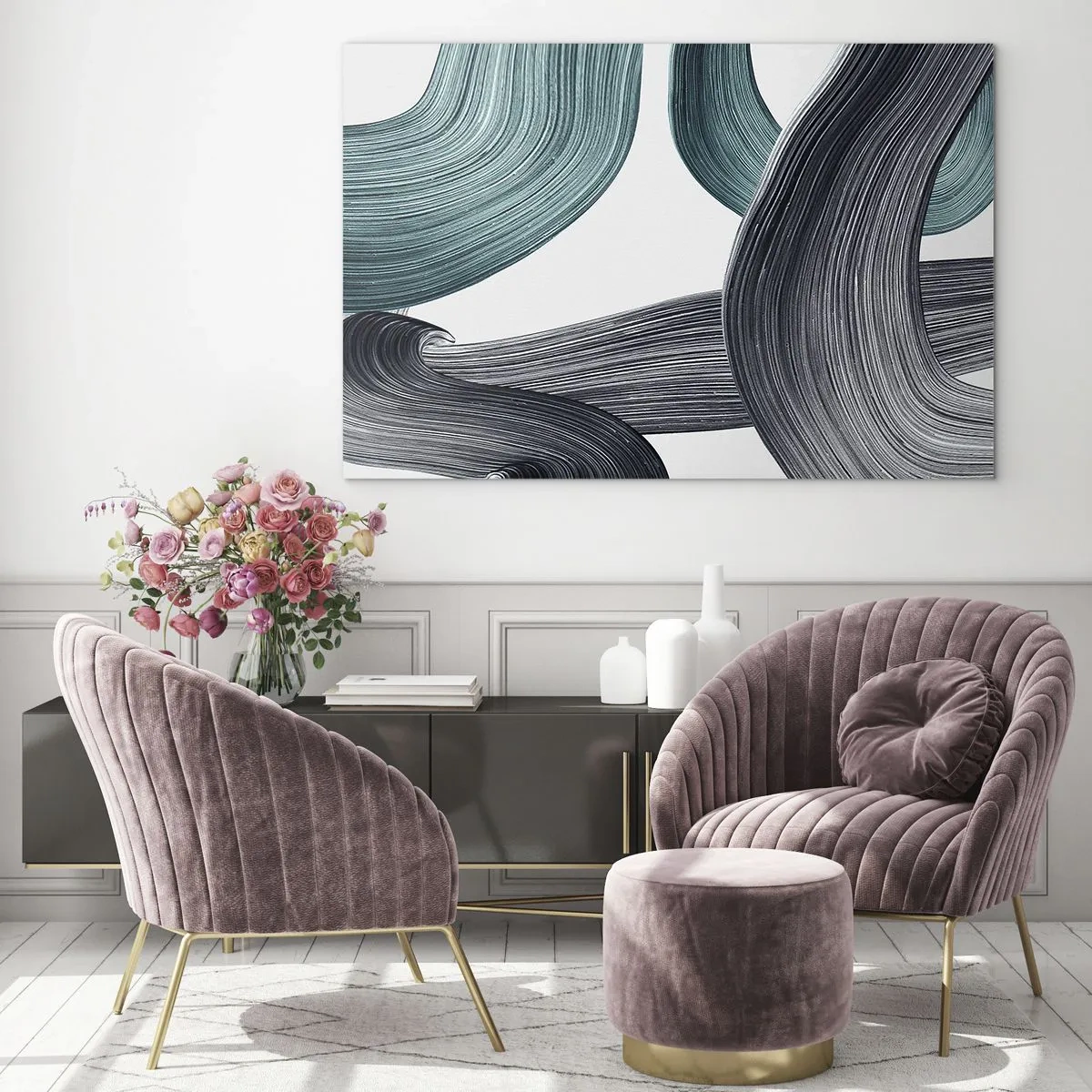 Tablou pe sticlă - Dungi dinamice în nuanțe de smarald și negru pe fundal alb - 70x50cm - Trasee de smarald și negru - Decorațiune modernă pentru perete pentru living și dormitor ARTTOR