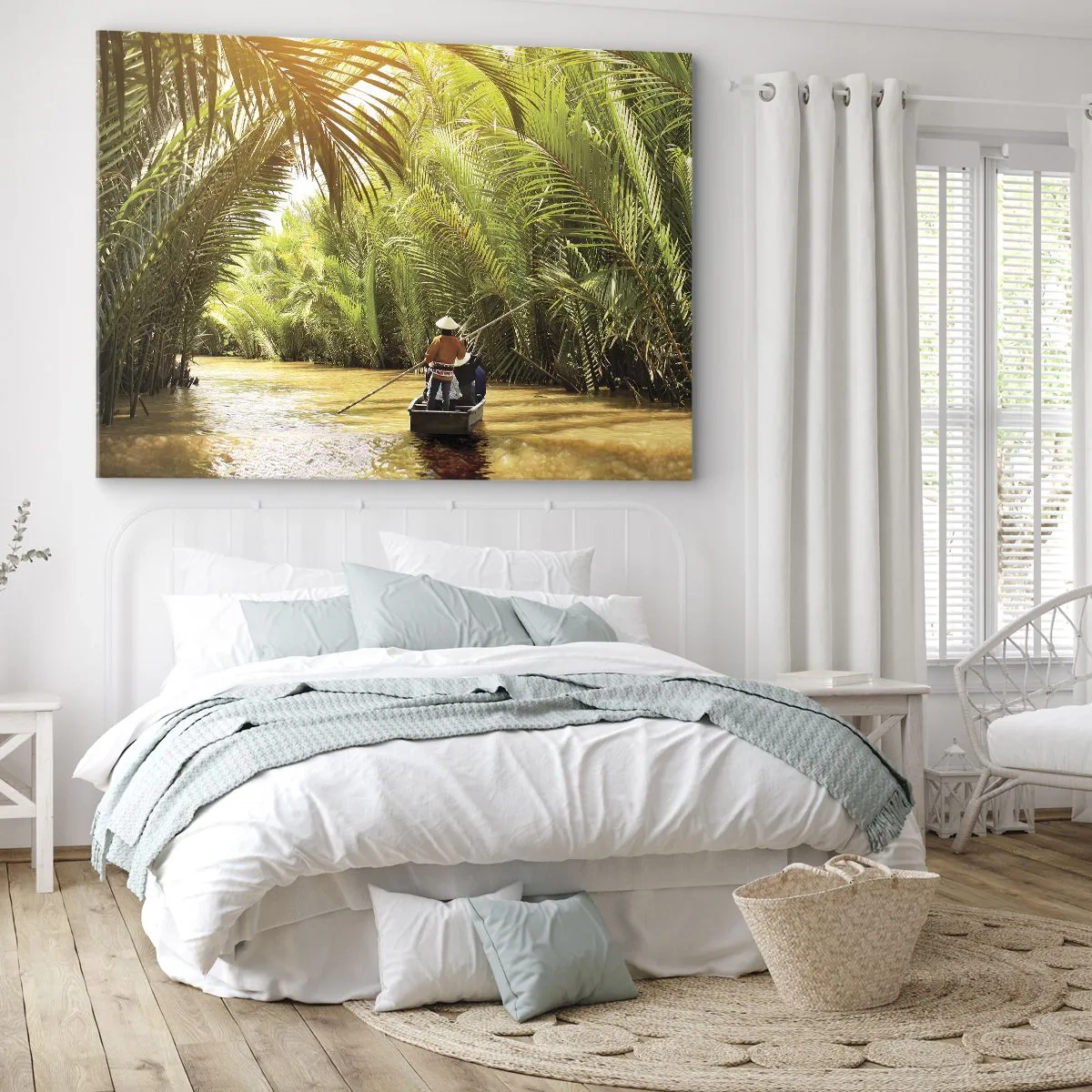 Tablou pe pânză Canvas - O barcă pe un râu înconjurată de vegetație tropicală - 70x50cm - Prin cheile din palmieri - Decorațiune modernă pentru perete pentru living și dormitor ARTTOR