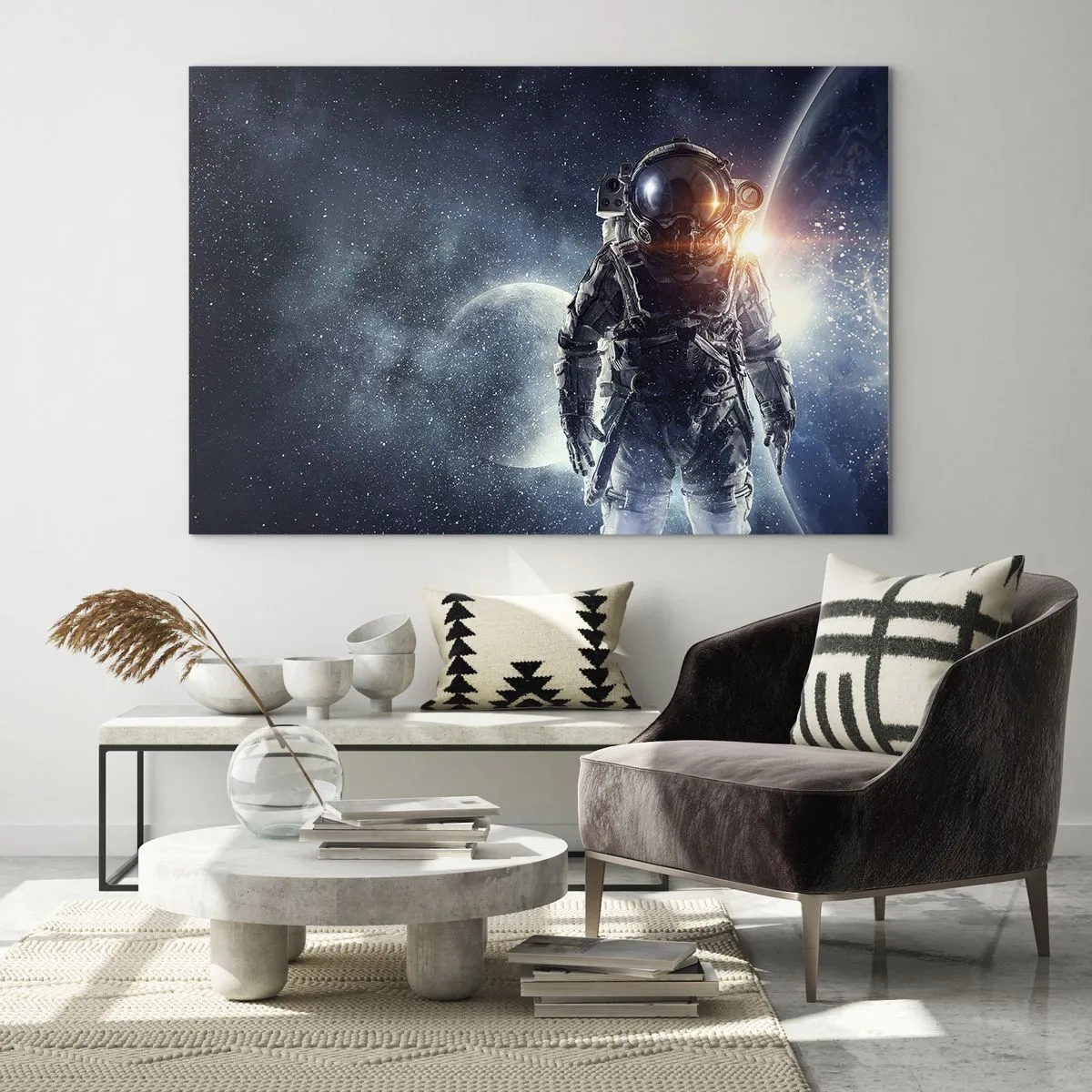 Tablou pe sticlă - Astronautul pe fundalul planetelor și stelelor - 70x50cm - Aventură spațială - Decorațiune modernă pentru perete pentru living și dormitor ARTTOR