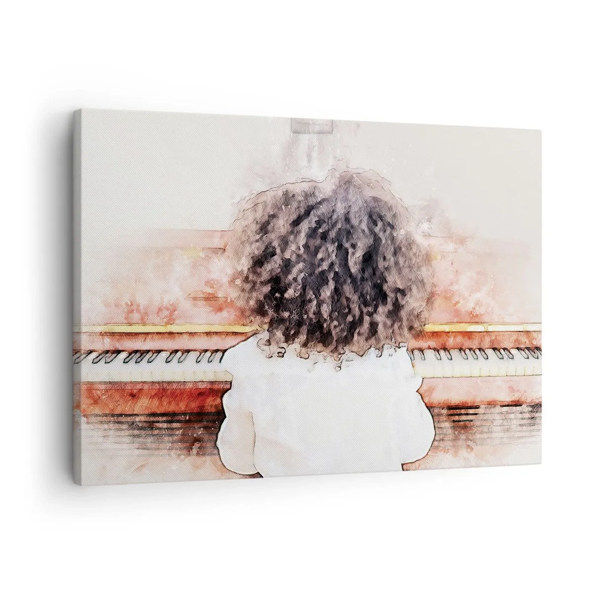 Tablou pe pânză Canvas - O fată cu părul stufos la pian - 70x50cm - Într-o lume a muzicii - Decorațiune modernă pentru perete pentru living și dormitor ARTTOR