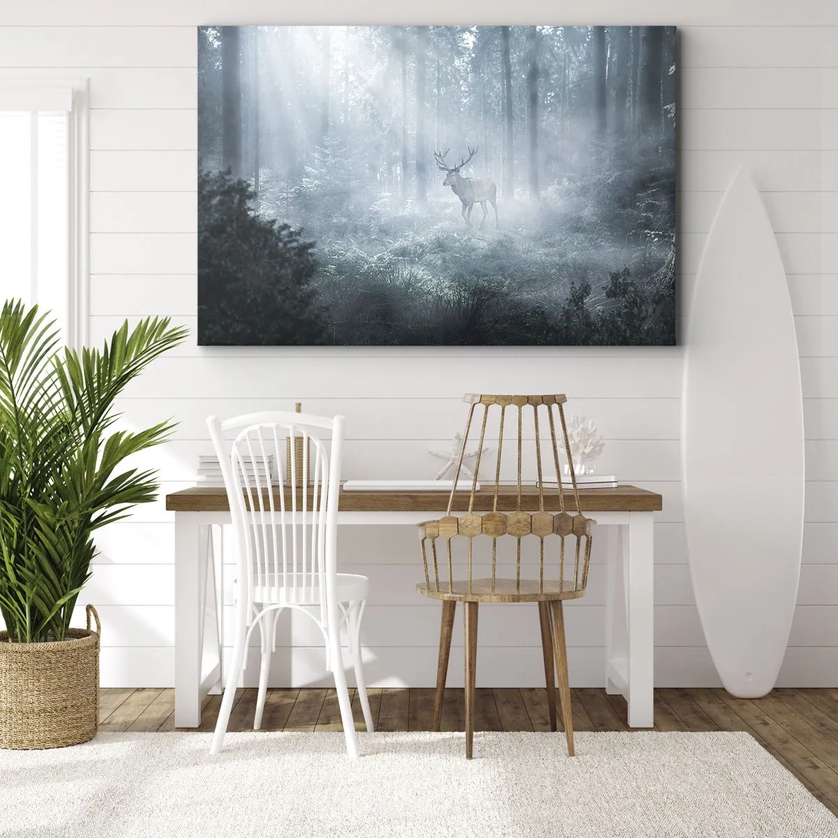 Tablou pe pânză Canvas - Un cerb într-o pădure densă învăluită în ceața dimineții - 70x50cm - Plimbarea de dimineață prin regat - Decorațiune modernă pentru perete pentru living și dormitor ARTTOR