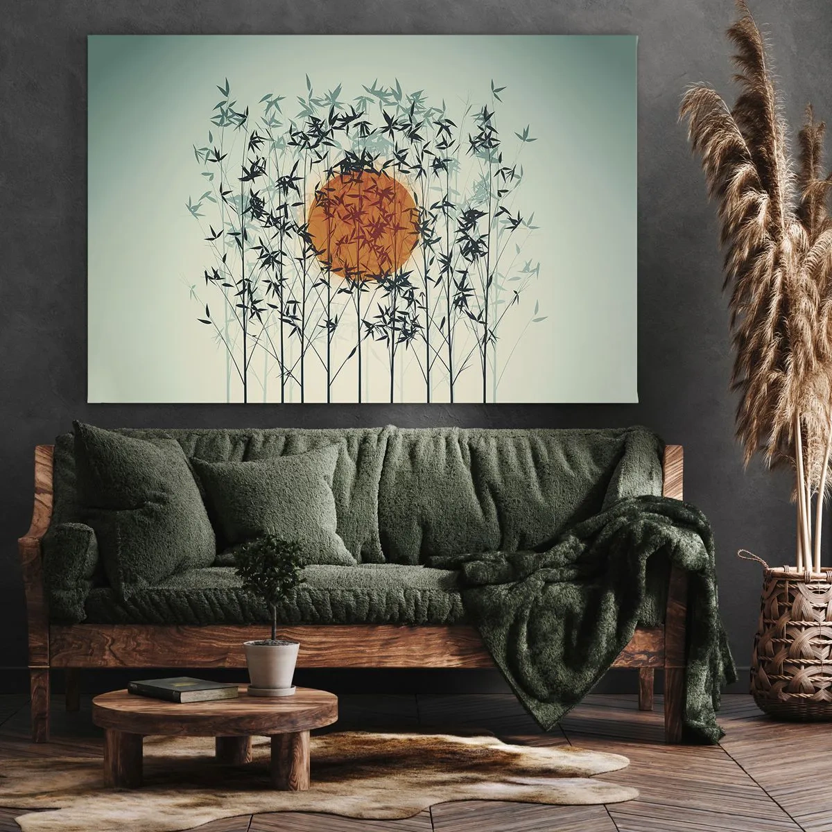 Tablou pe pânză Canvas - Soare portocaliu printre ramurile de bambus - 70x50cm - Soarele japonez - Decorațiune modernă pentru perete pentru living și dormitor ARTTOR