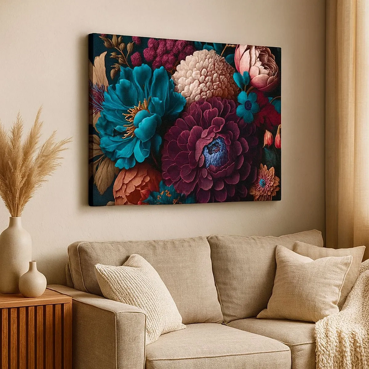 Tablou pe pânză Canvas - Un buchet de flori în culori intense pe un fundal închis - 70x50cm - Natura în abundență - Decorațiune modernă pentru perete pentru living și dormitor ARTTOR