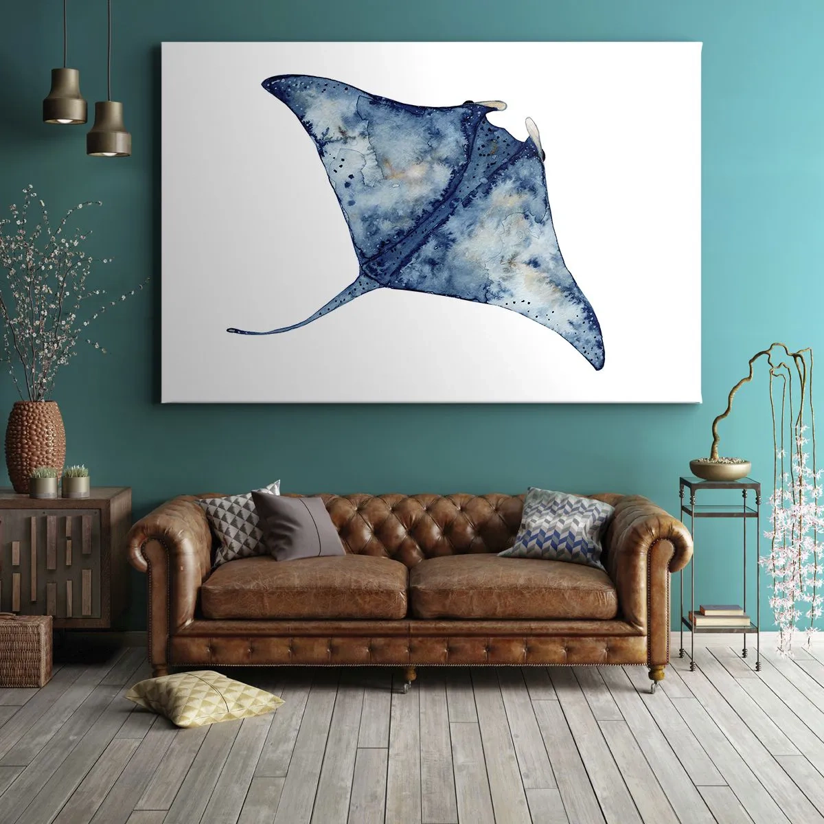 Tablou pe pânză Canvas - Stingray albastru în stil acuarelă pe fundal alb - 70x50cm - Viața în albastru - Decorațiune modernă pentru perete pentru living și dormitor ARTTOR