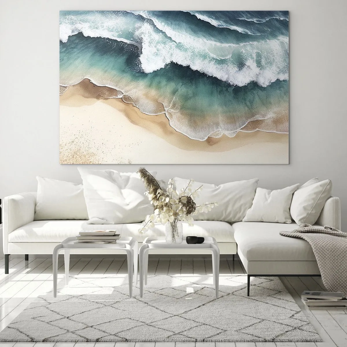 Tablou pe sticlă - Valurile oceanului se izbesc de o plajă aurie și nisipoasă - 70x50cm - Întâlnire eternă - Decorațiune modernă pentru perete pentru living și dormitor ARTTOR