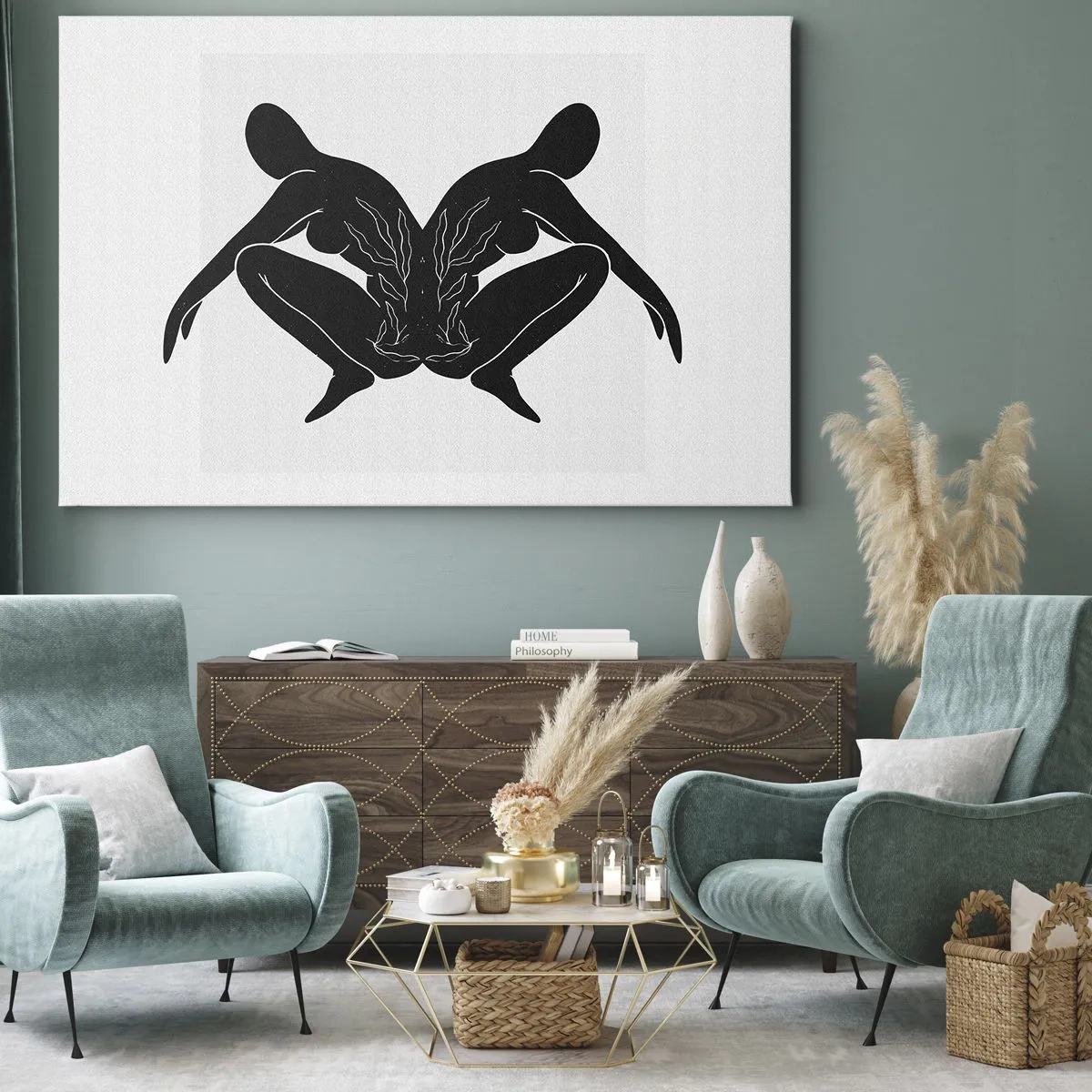 Tablou pe pânză Canvas - Siluete negre într-o poziție simetrică pe un fundal alb - 70x50cm - Suflet comun - Decorațiune modernă pentru perete pentru living și dormitor ARTTOR