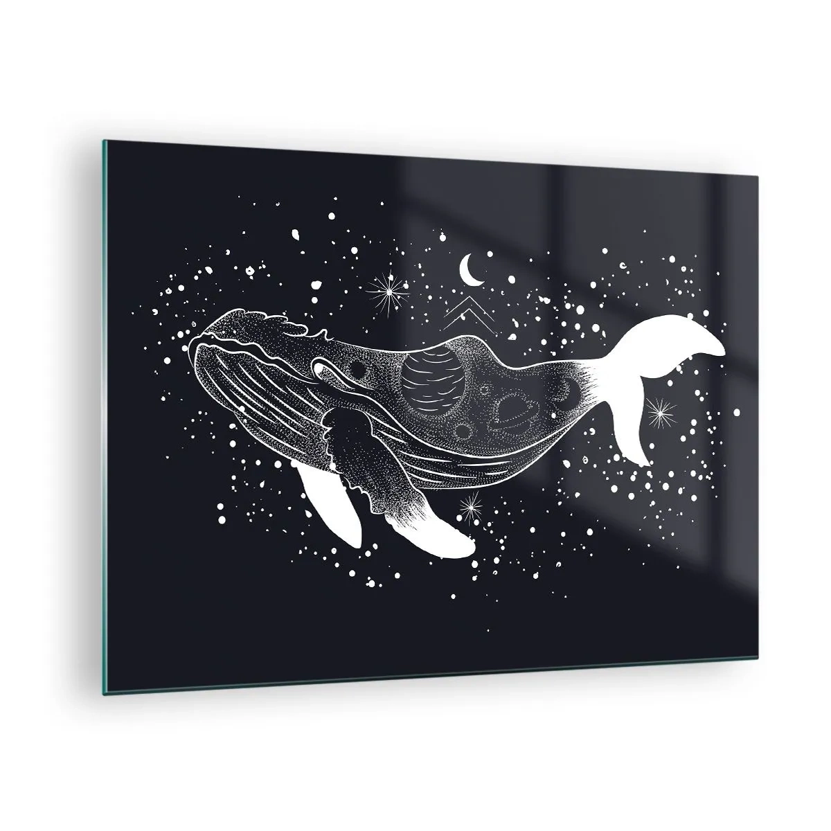 Tablou pe sticlă - Siluetă albă grafică a unei balene plutitoare în spațiu - 70x50cm - În oceanul universului - Decorațiune modernă pentru perete pentru living și dormitor ARTTOR